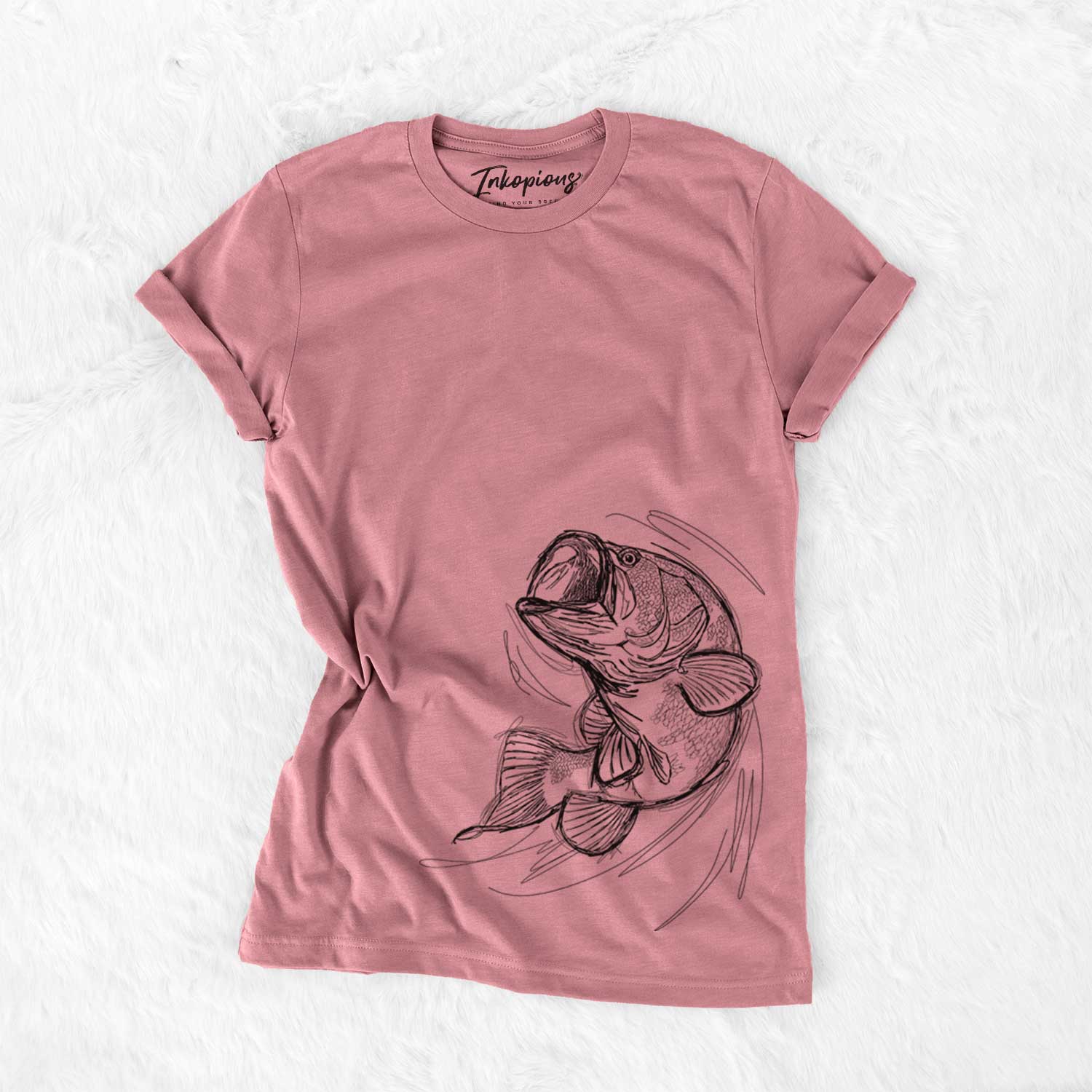 Hand-drawn sketch of Larry the Largemouth Bass on a Mauve Bella Canvas Unisex Crewneck