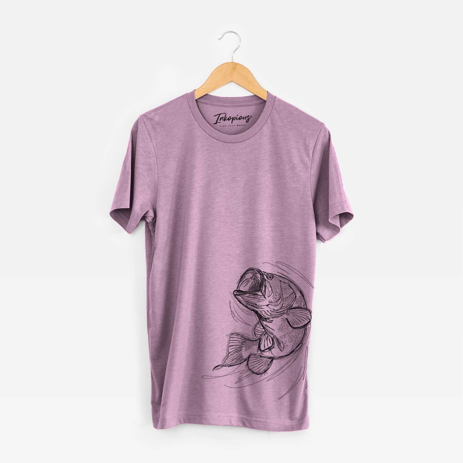 Hand-drawn sketch of Larry the Largemouth Bass on an Orchid Bella Canvas Unisex Crewneck
