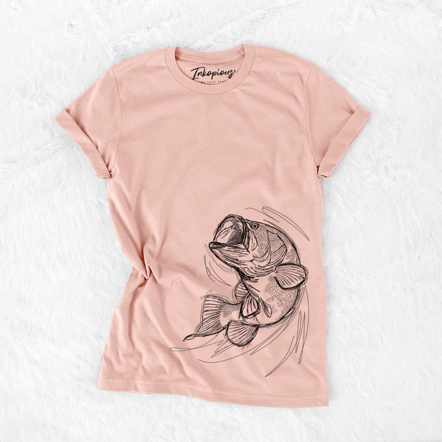 Hand-drawn sketch of Larry the Largemouth Bass on a Peach Bella Canvas Unisex Crewneck