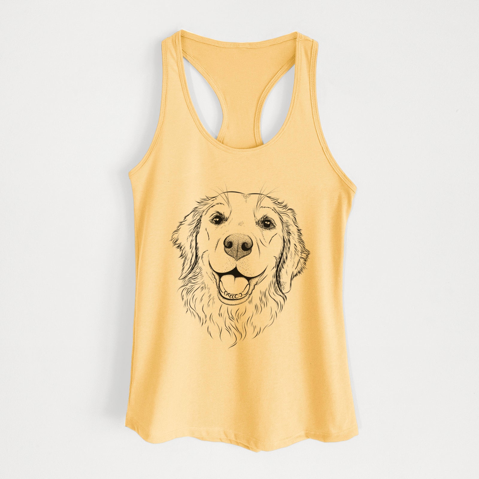 Hand-drawn sketch of Legend the Golden Retriever on a Banana Cream Women's racerback tanktop