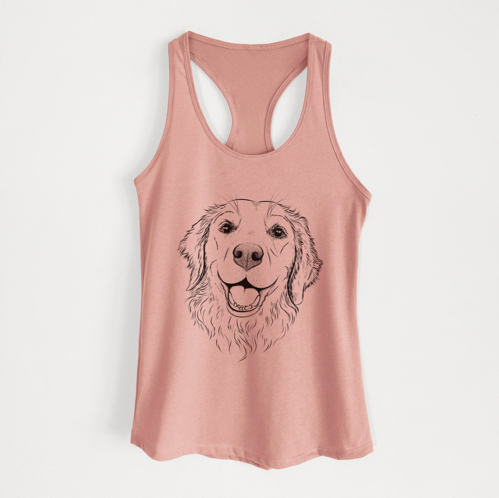 Hand-drawn sketch of Legend the Golden Retriever on a Desert Pink Women's racerback tanktop