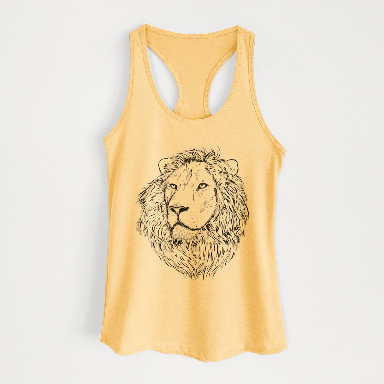 Hand-drawn sketch of Lenny the Lion on a Banana Cream Women's racerback tanktop