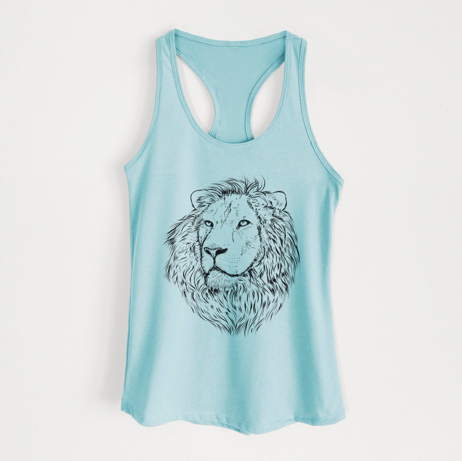 Hand-drawn sketch of Lenny the Lion on a Cancun Blue Women's racerback tanktop