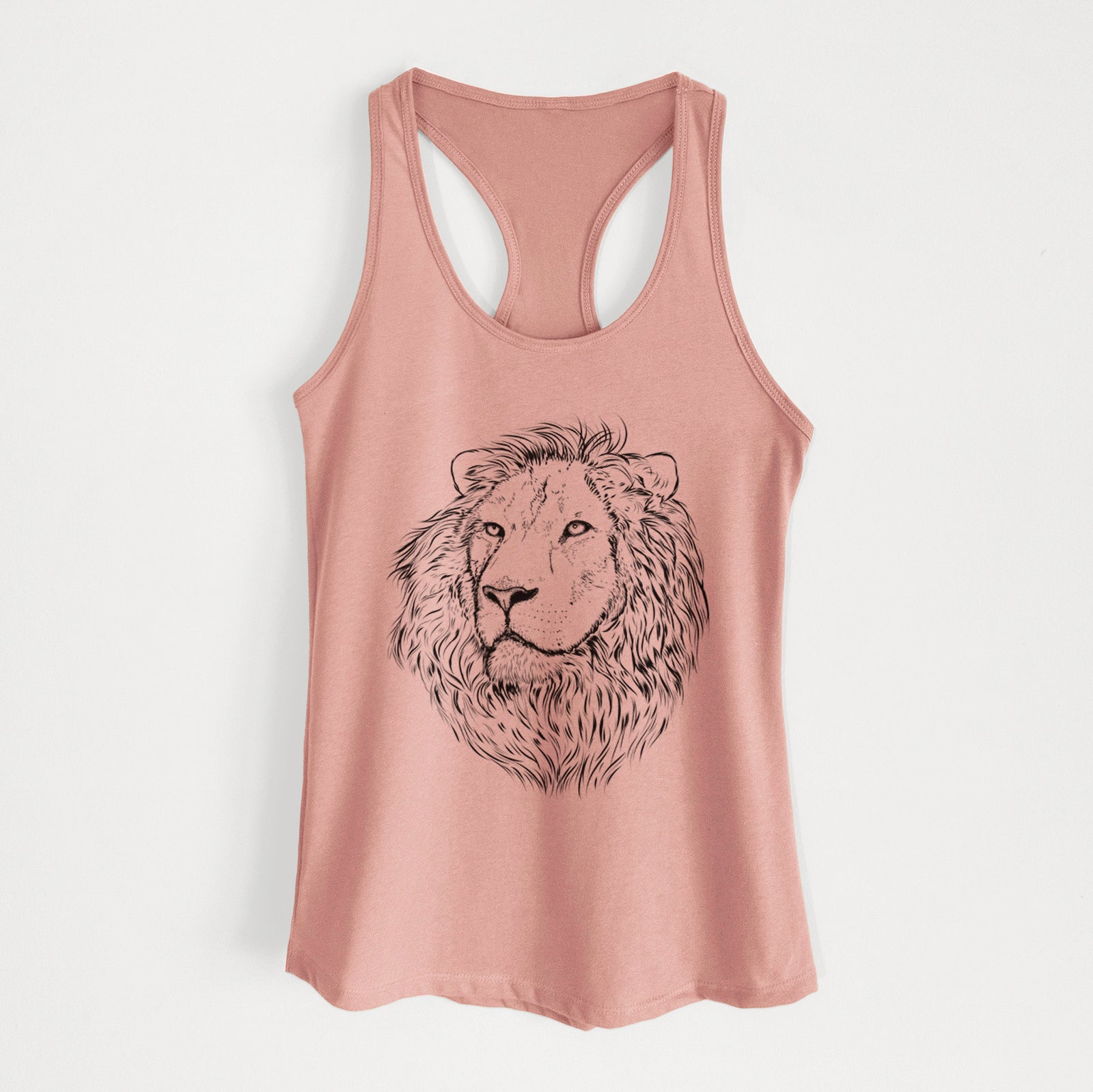 Hand-drawn sketch of Lenny the Lion on a Desert Pink Women's racerback tanktop