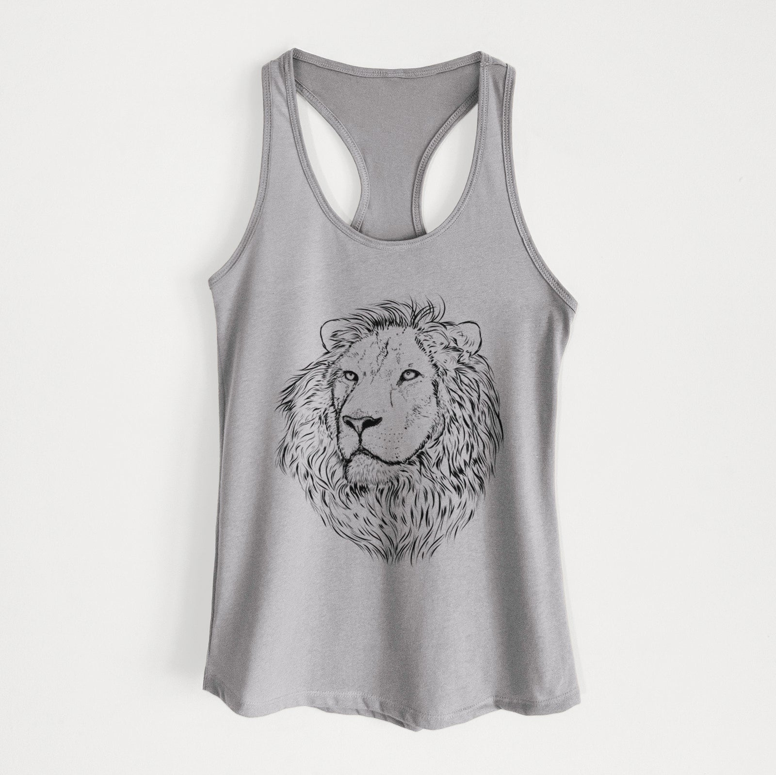 Hand-drawn sketch of Lenny the Lion on a Heather Grey Women's racerback tanktop