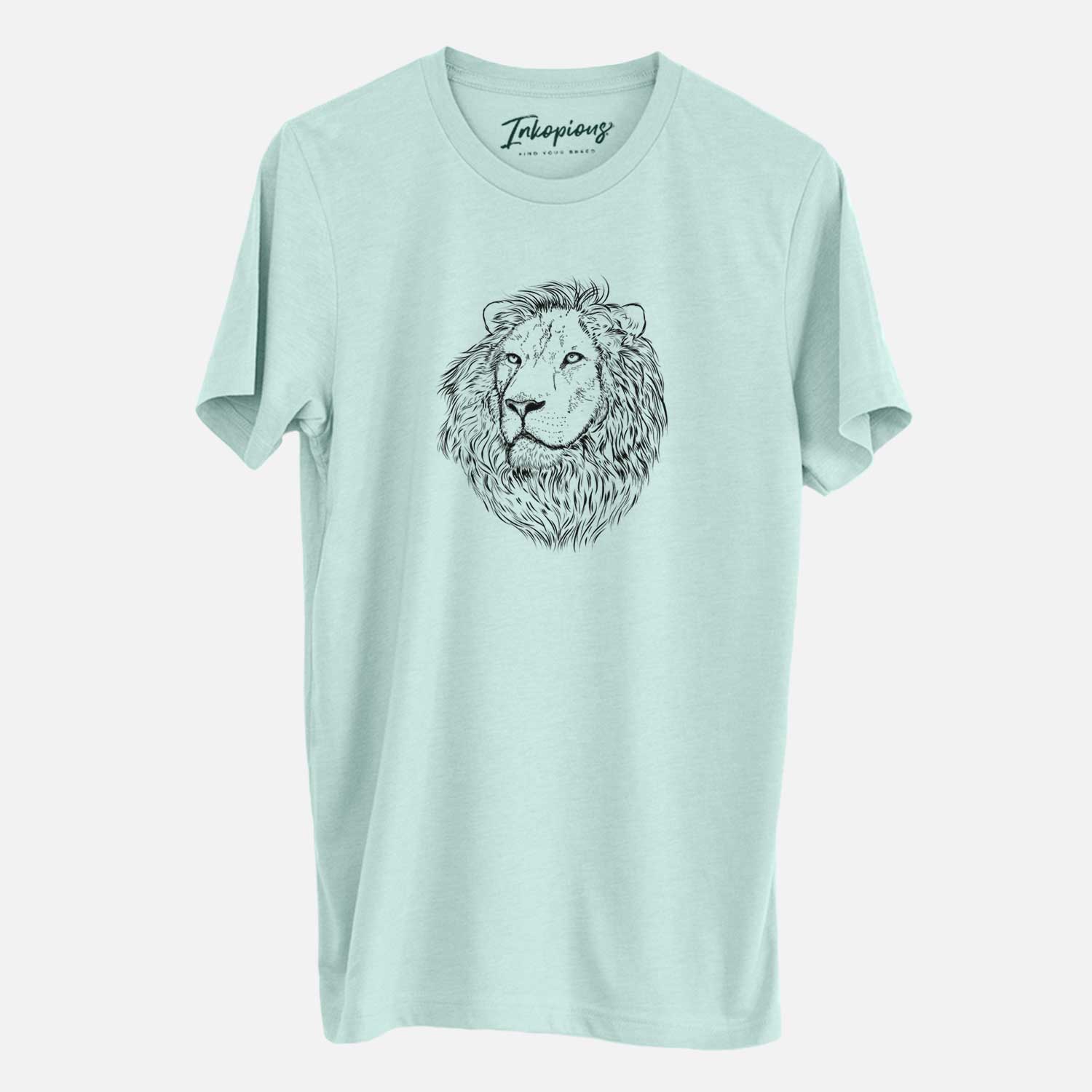 Hand-drawn sketch of Lenny the Lion on a Heather Sage Unisex crewneck