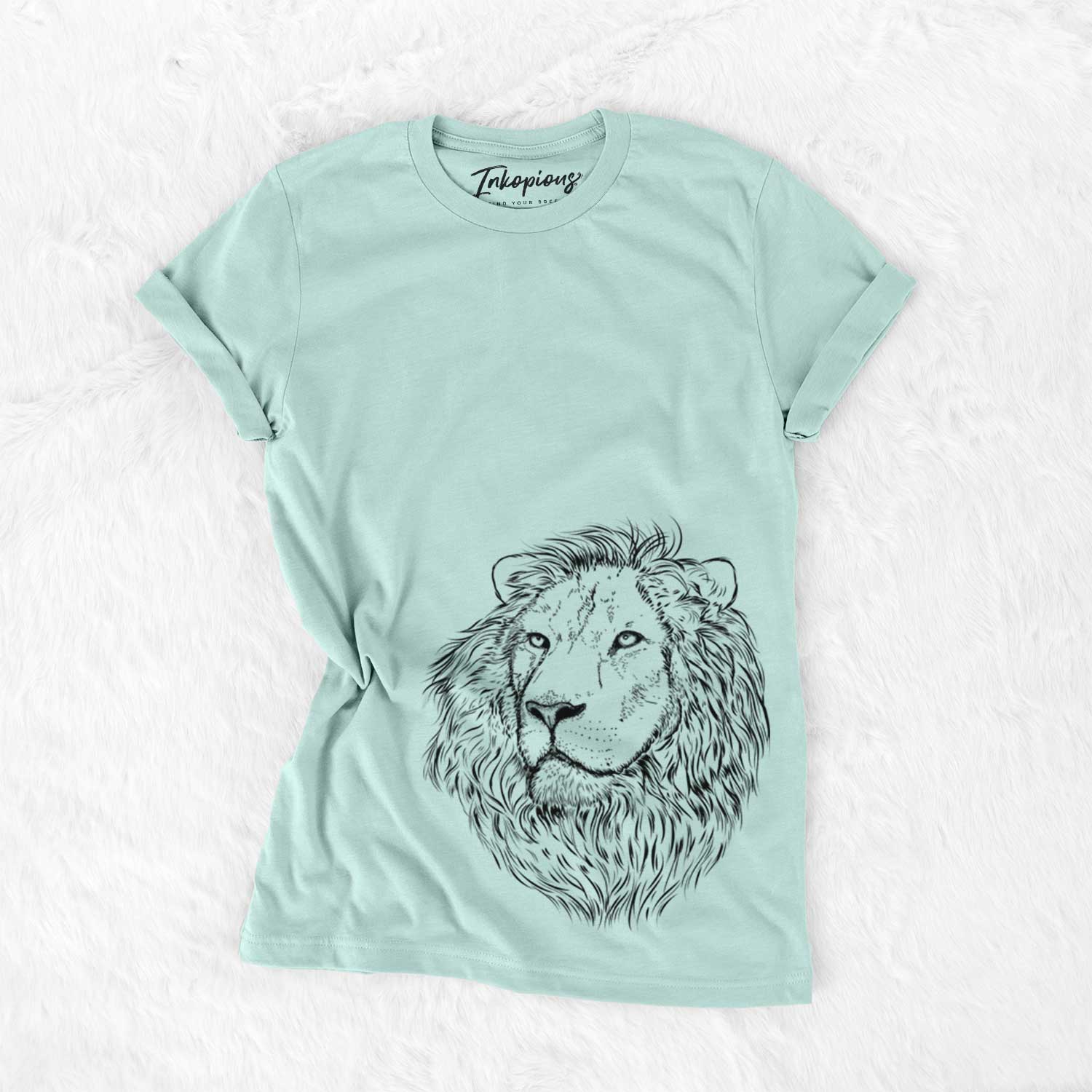 Hand-drawn sketch of Lenny the Lion on a Heather Sage Unisex crewneck