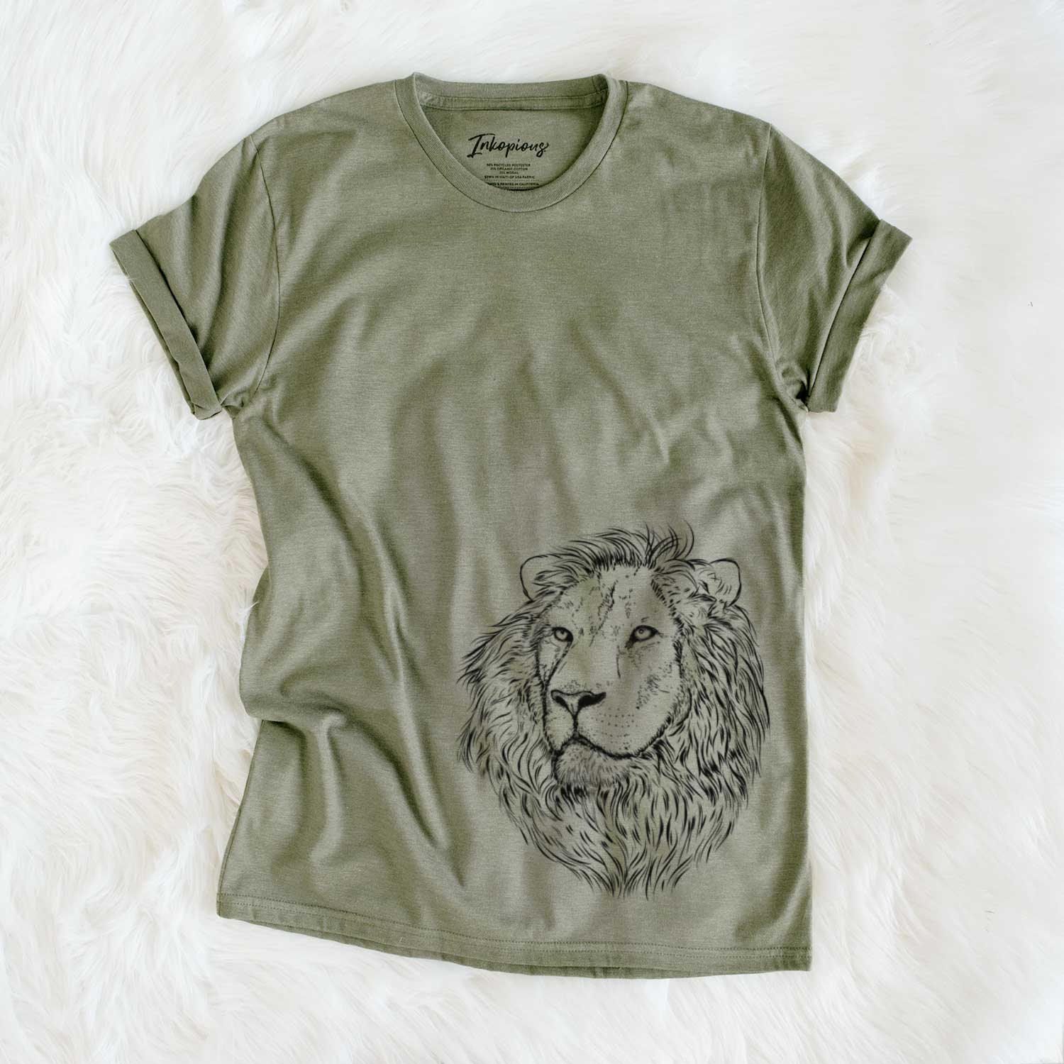 Hand-drawn sketch of Lenny the Lion on an Olive Unisex crewneck