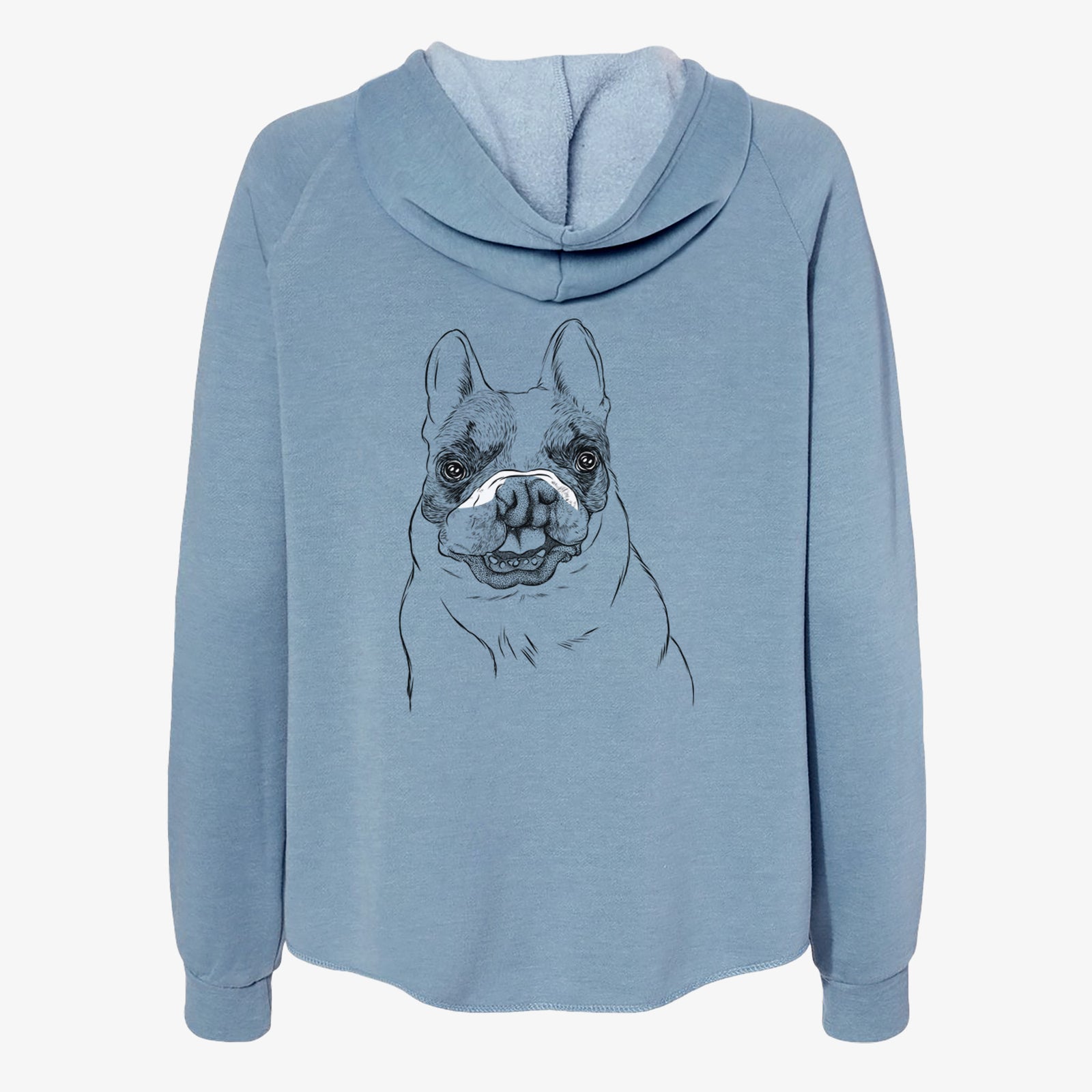 Hand-drawn sketch of Lentil the French Bulldog on a Misty Blue Women's cali wave zip-up sweatshirt