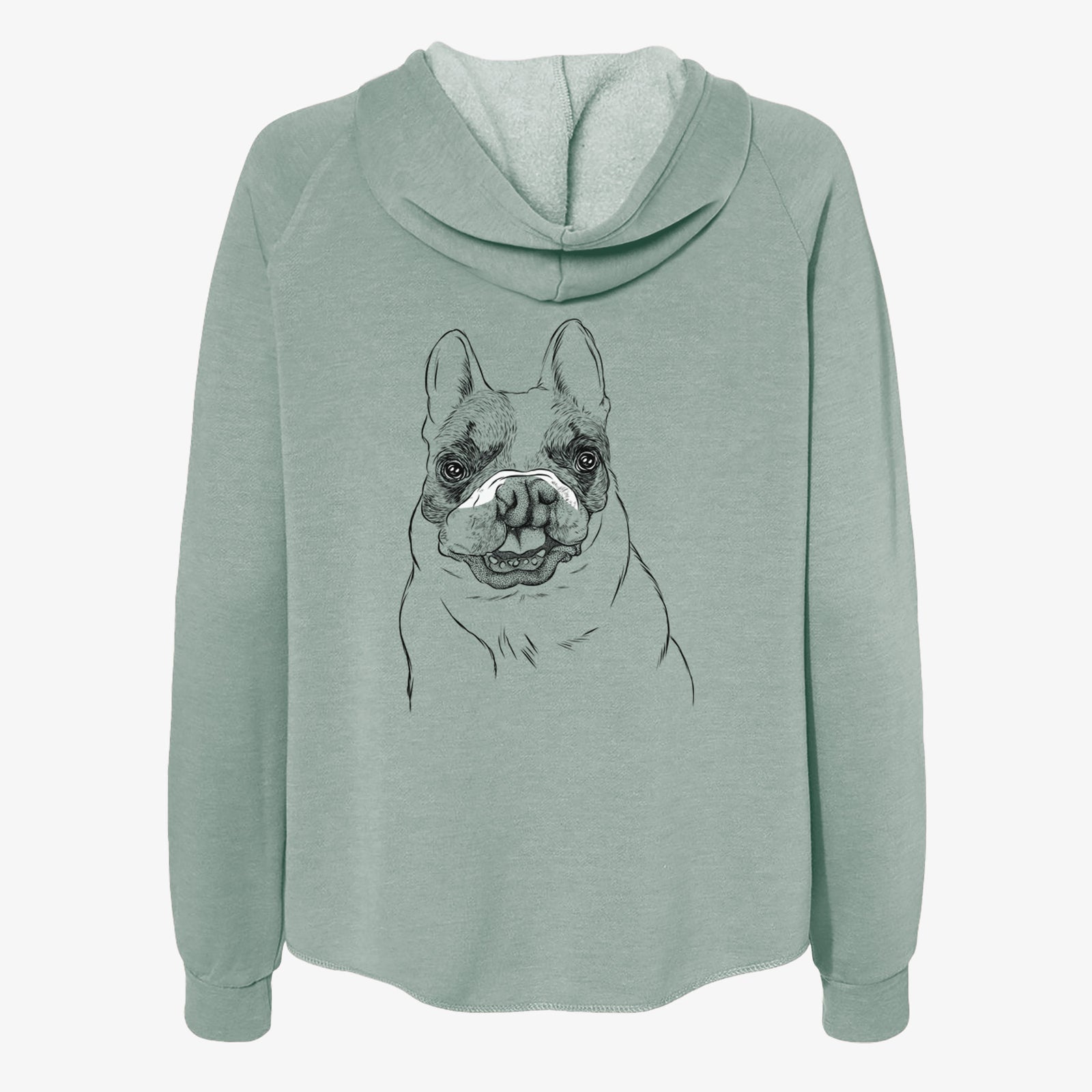 Hand-drawn sketch of Lentil the French Bulldog on a Sage Women's cali wave zip-up sweatshirt