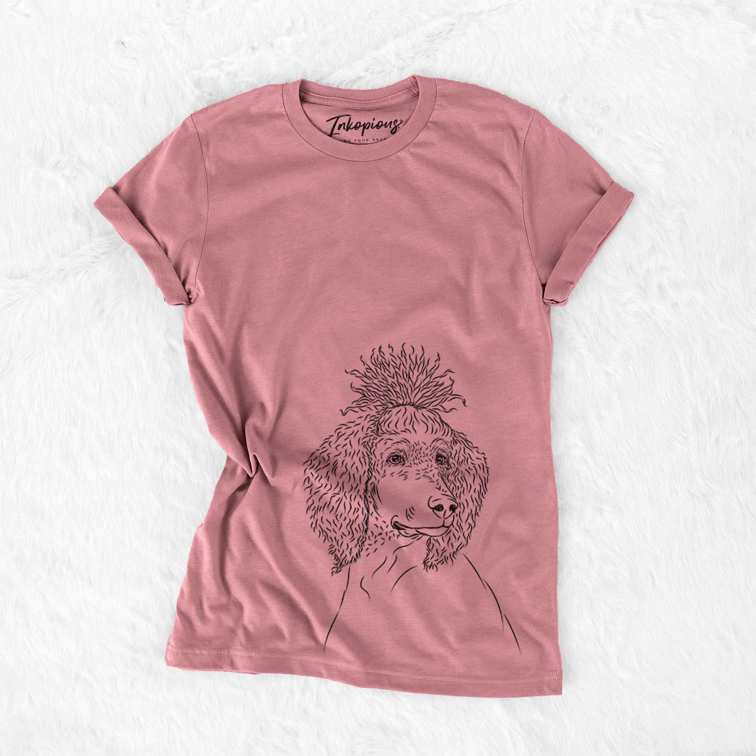 Hand-drawn sketch of Leo the Poodle on a Mauve Bella Canvas Unisex Crewneck