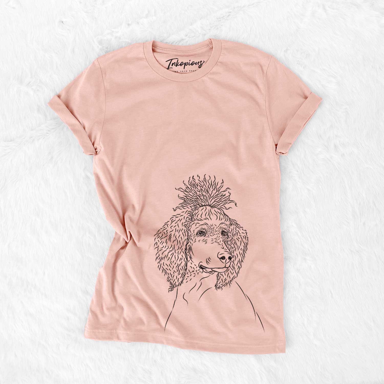 Hand-drawn sketch of Leo the Poodle on a Peach Bella Canvas Unisex Crewneck