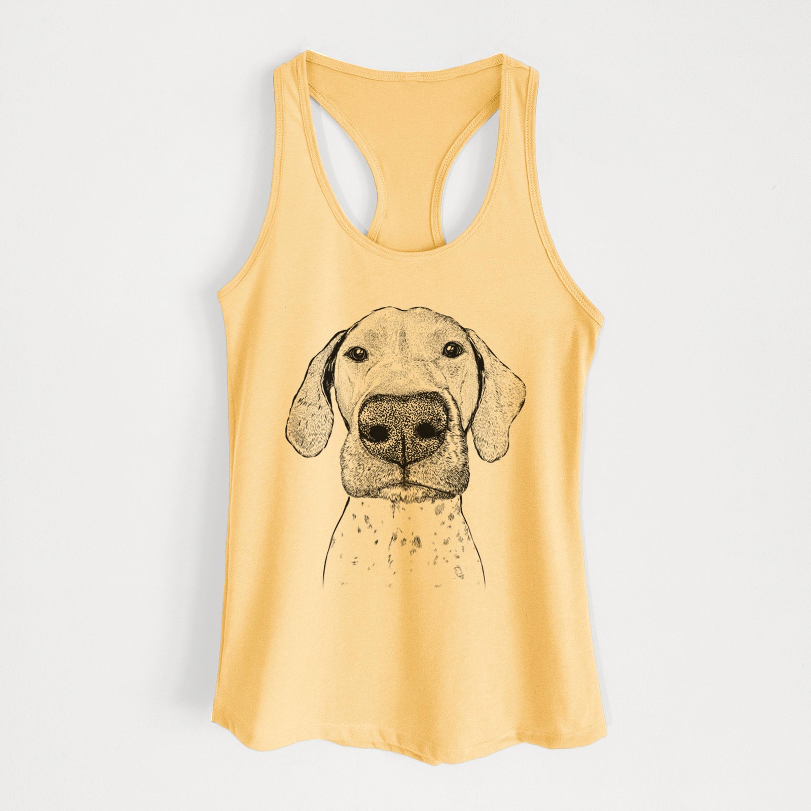 Hand-drawn sketch of Leroy the German Shorthaired Pointer on a Banana Cream Women's racerback tanktop