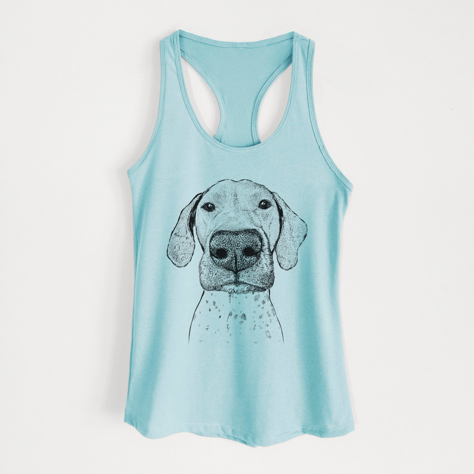 Hand-drawn sketch of Leroy the German Shorthaired Pointer on a Cancun Blue Women's racerback tanktop