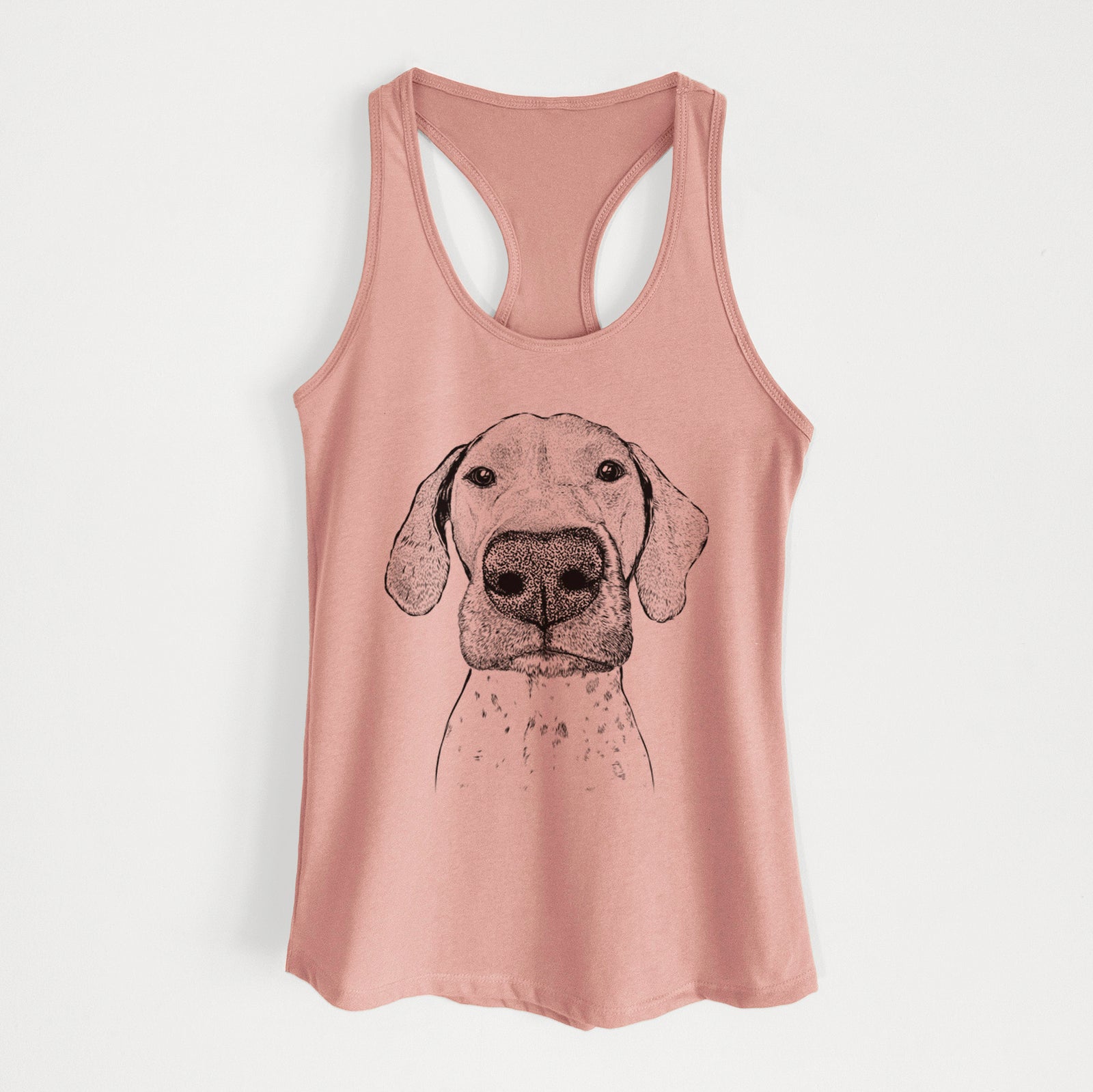 Hand-drawn sketch of Leroy the German Shorthaired Pointer on a Desert Pink Women's racerback tanktop