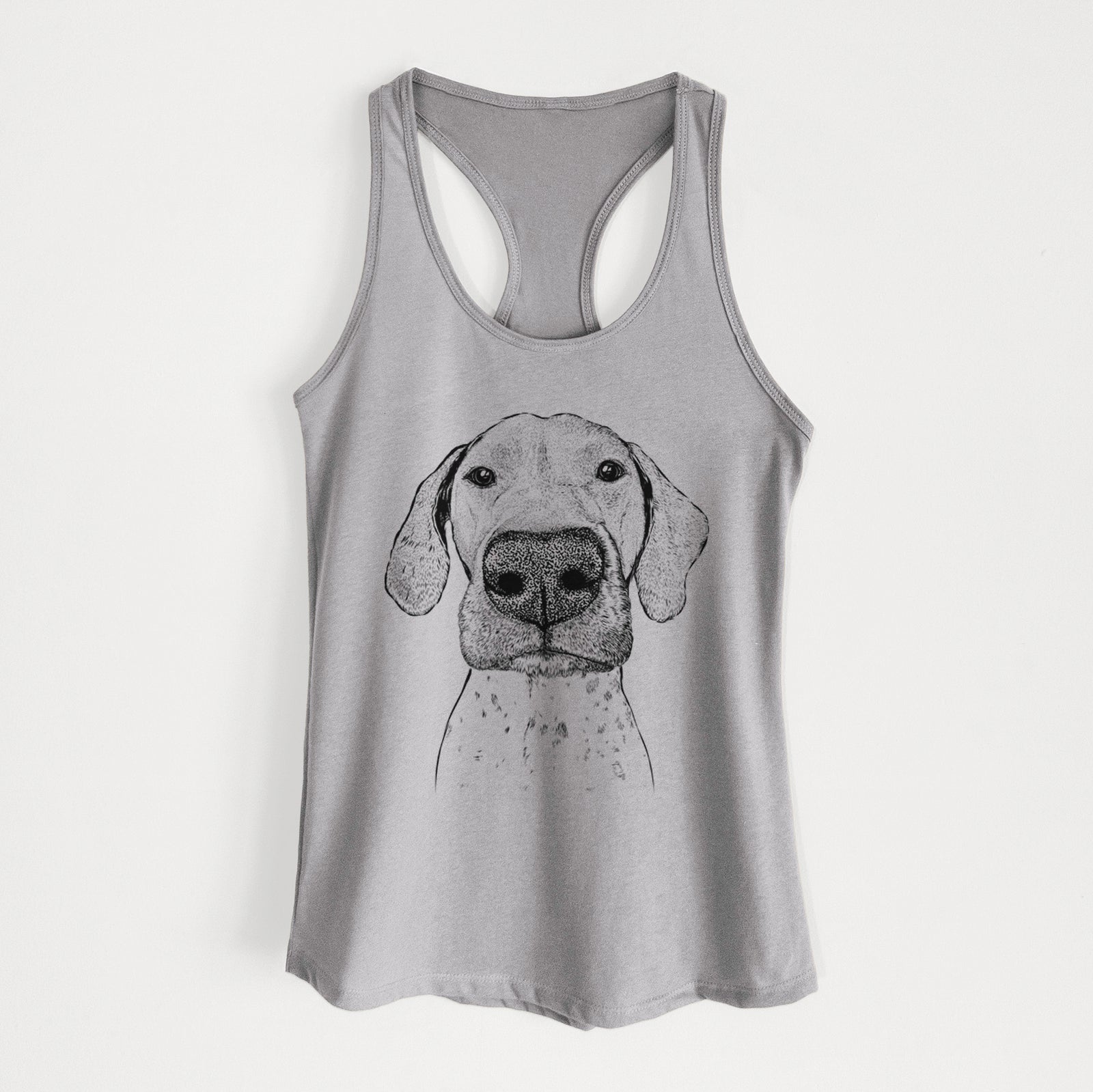 Hand-drawn sketch of Leroy the German Shorthaired Pointer on a Heather Grey Women's racerback tanktop