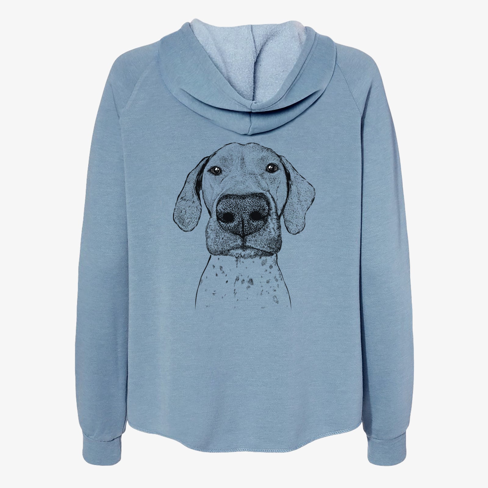 Hand-drawn sketch of Leroy the German Shorthaired Pointer on a Misty Blue Women's cali wave zip-up sweatshirt