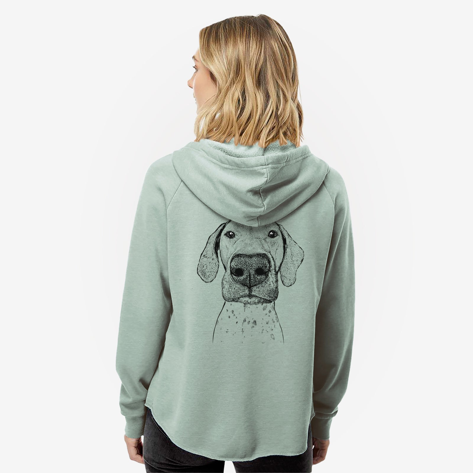 Hand-drawn sketch of Leroy the German Shorthaired Pointer on a Sage Women's cali wave zip-up sweatshirt