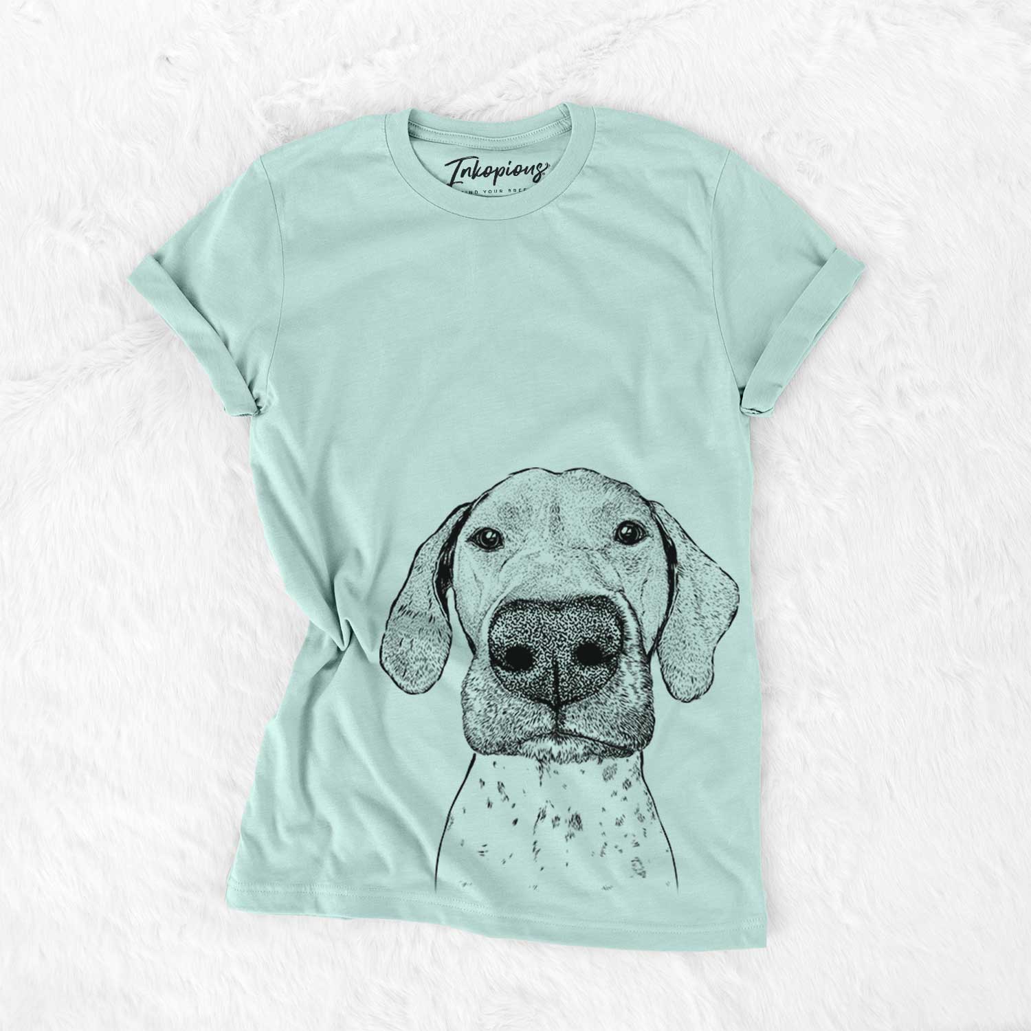 Hand-drawn sketch of Leroy the German Shorthaired Pointer on a Heather Sage Bella Canvas Unisex Crewneck