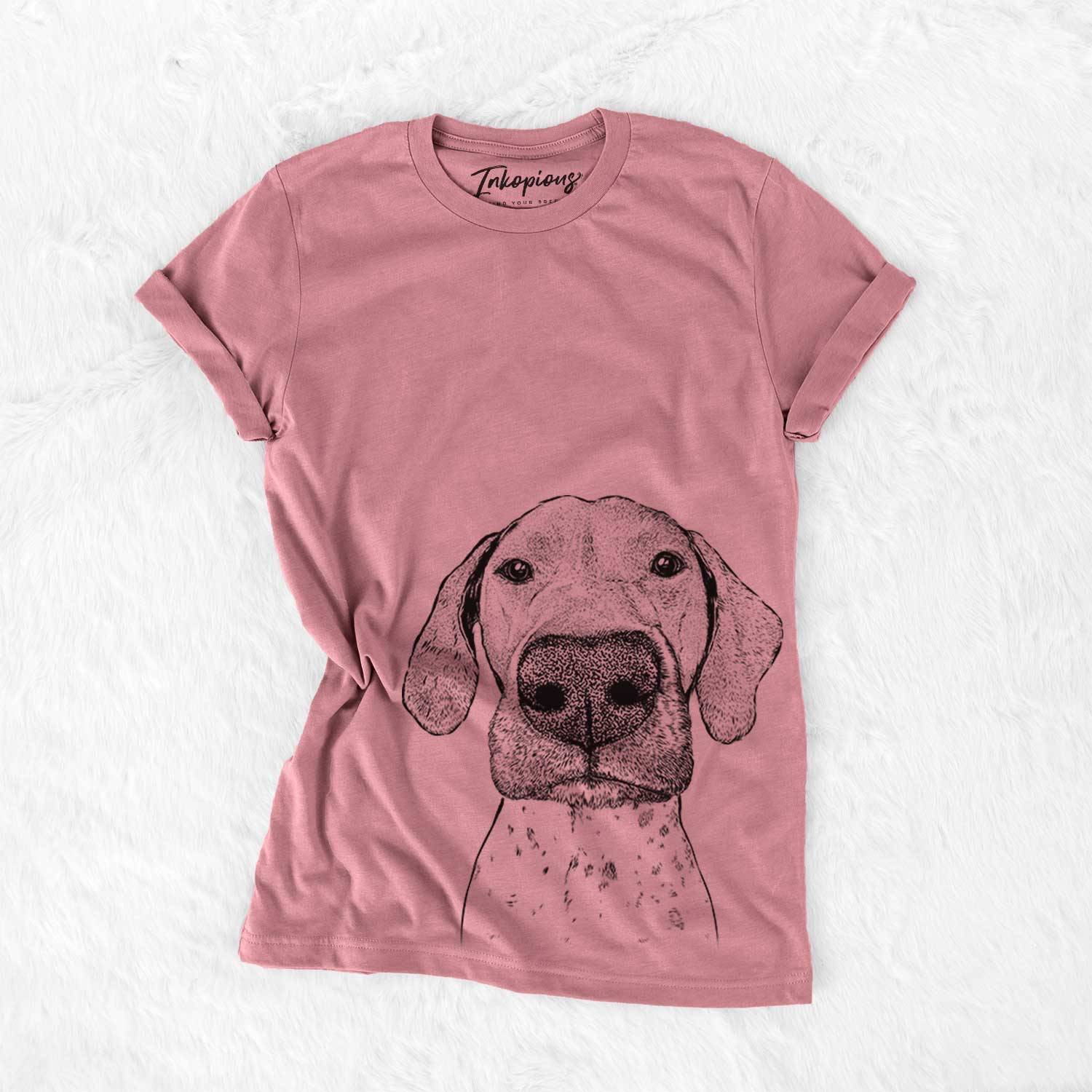 Hand-drawn sketch of Leroy the German Shorthaired Pointer on a Mauve Bella Canvas Unisex Crewneck