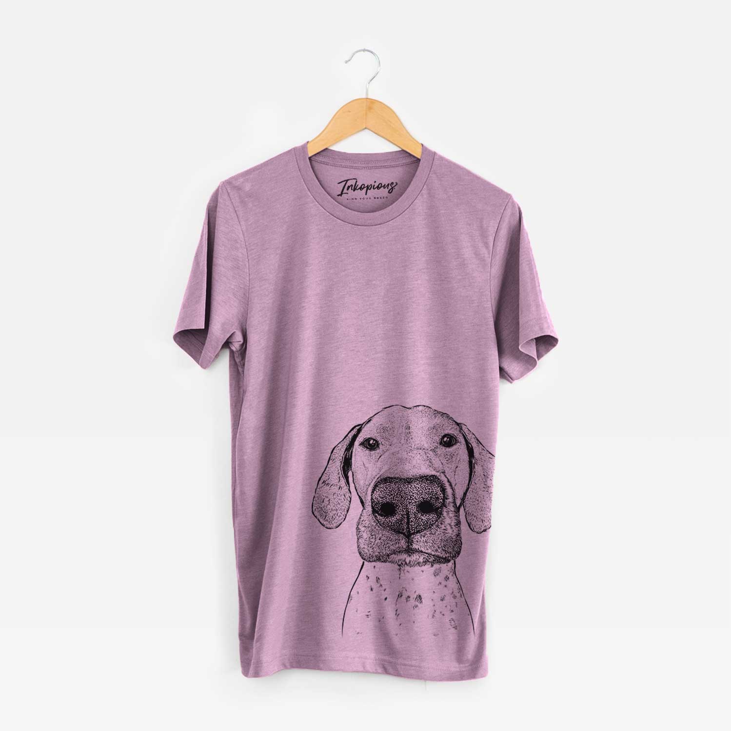 Hand-drawn sketch of Leroy the German Shorthaired Pointer on an Orchid Bella Canvas Unisex Crewneck