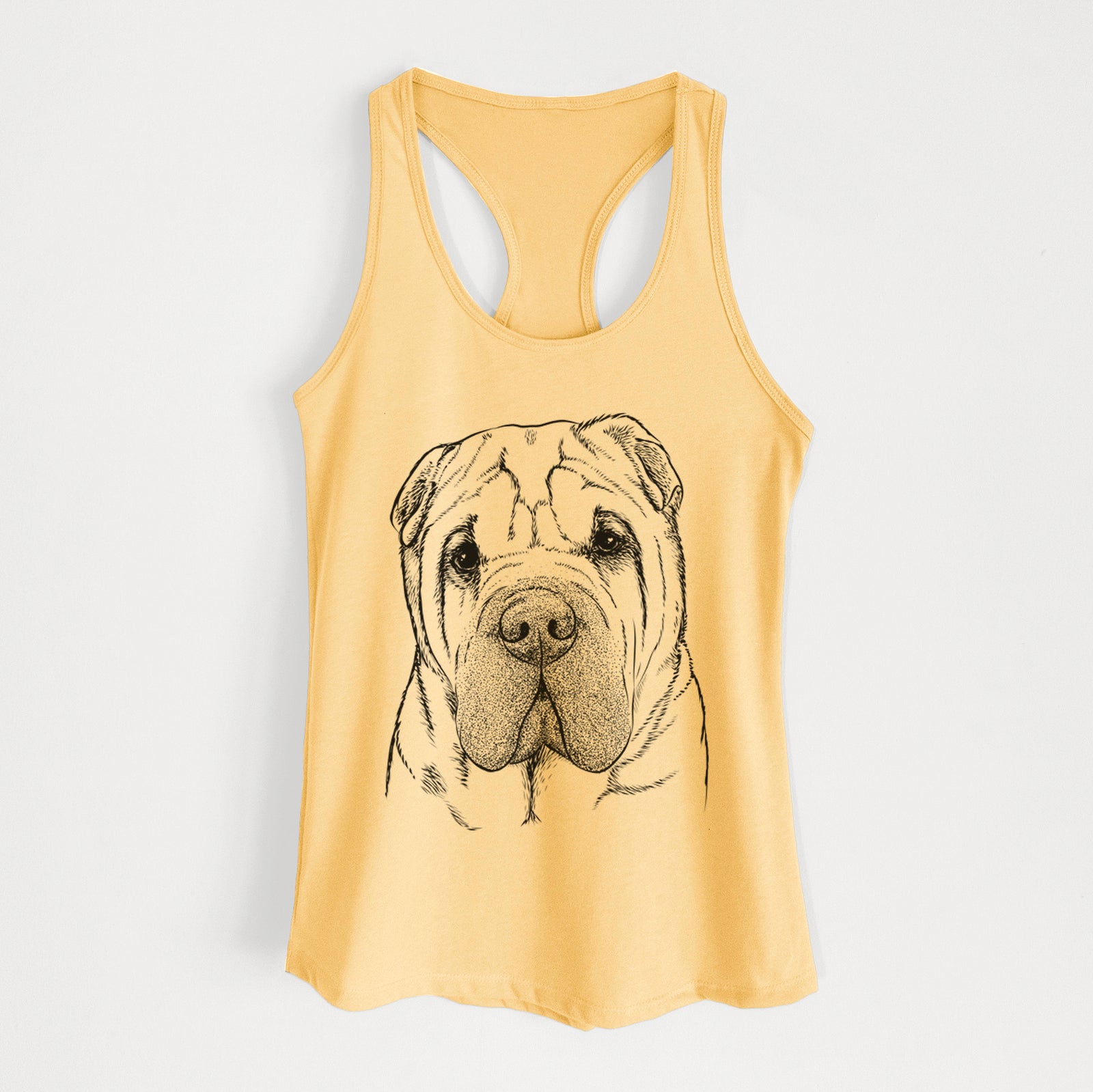 Hand-drawn sketch of Lilly the Shar Pei on a Banana Cream Women's racerback tanktop