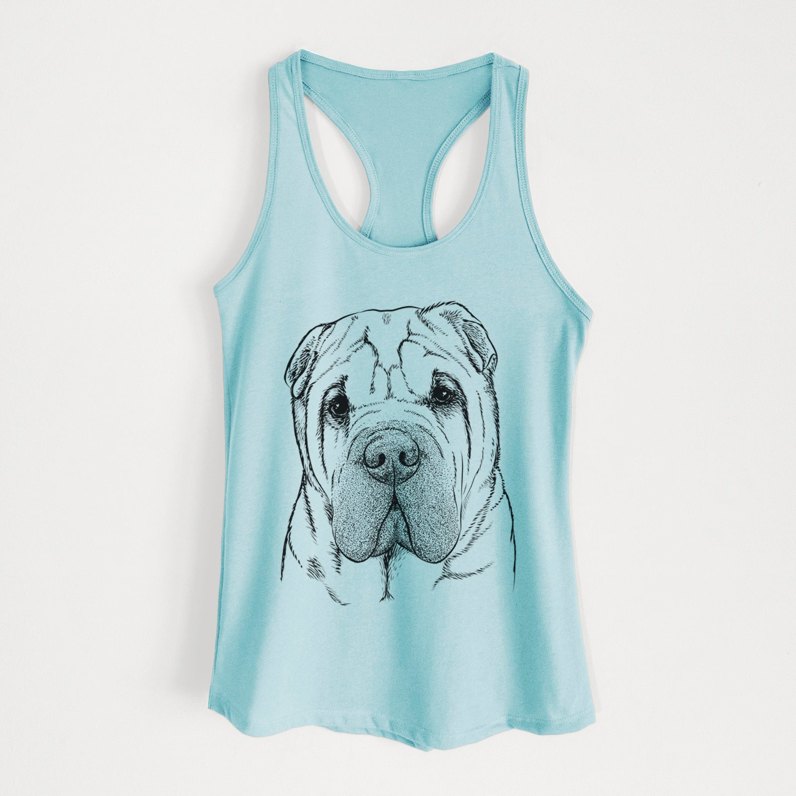 Hand-drawn sketch of Lilly the Shar Pei on a Cancun Blue Women's racerback tanktop