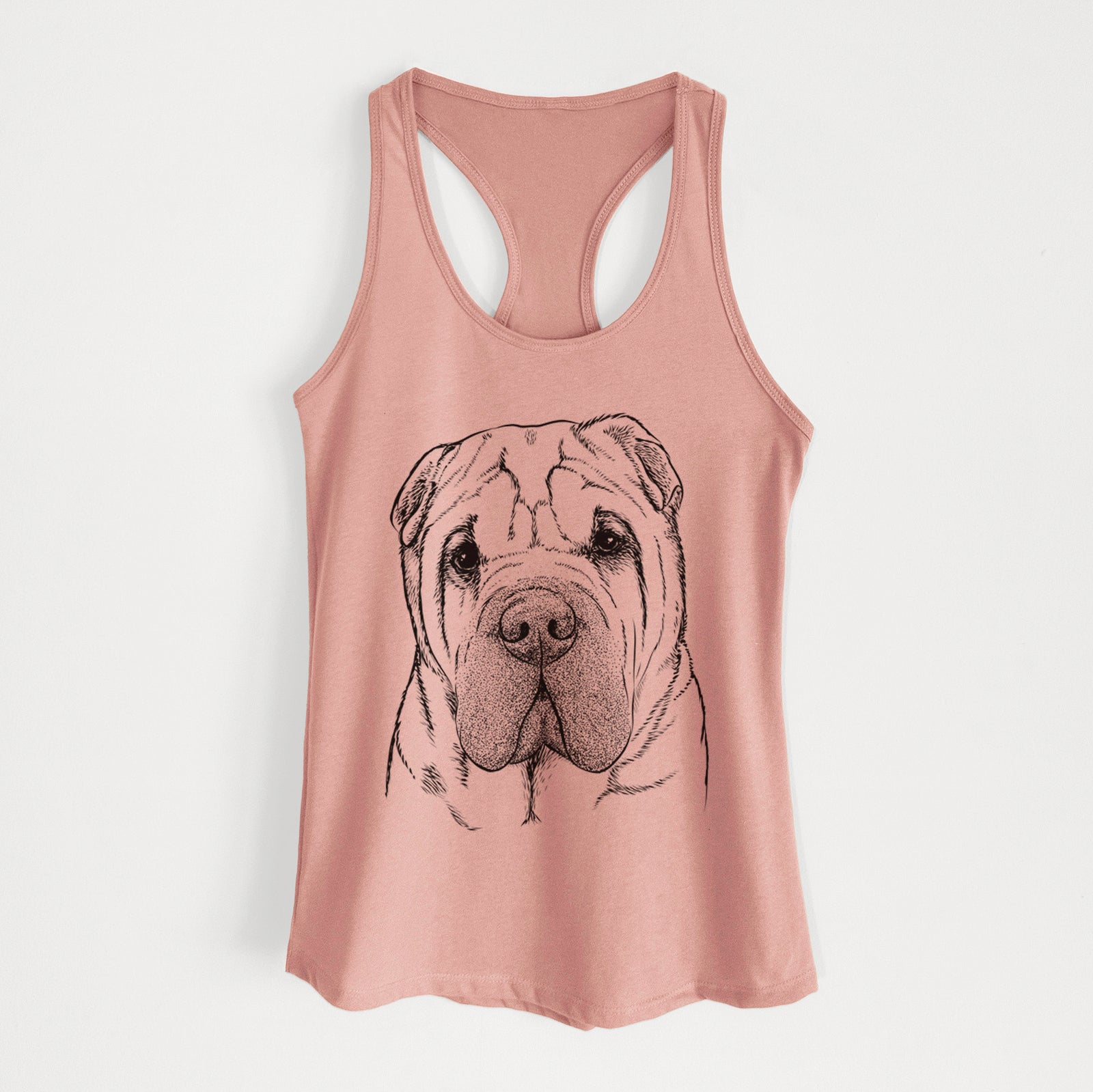 Hand-drawn sketch of Lilly the Shar Pei on a Desert Pink Women's racerback tanktop