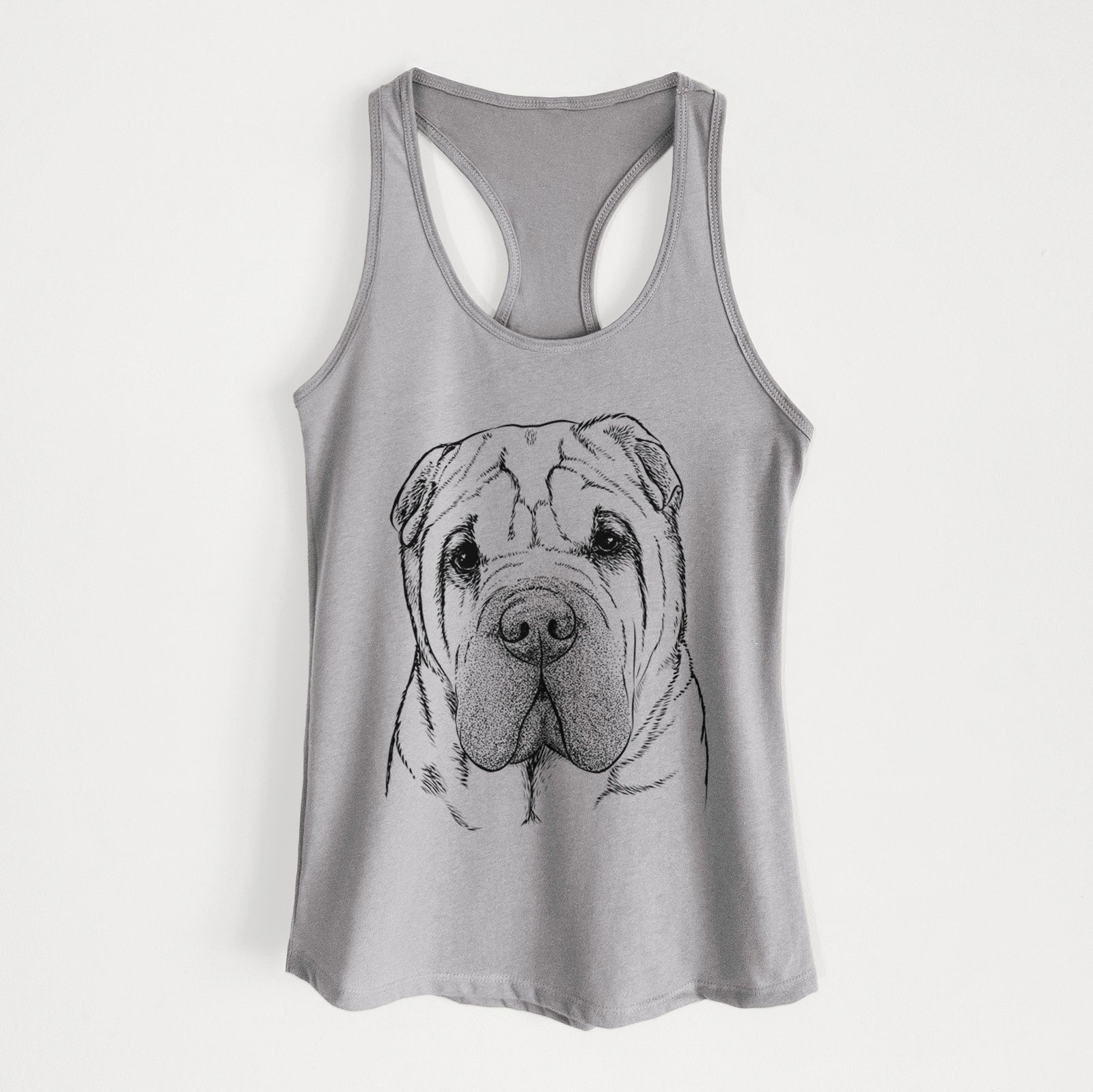 Hand-drawn sketch of Lilly the Shar Pei on a Heather Grey Women's racerback tanktop