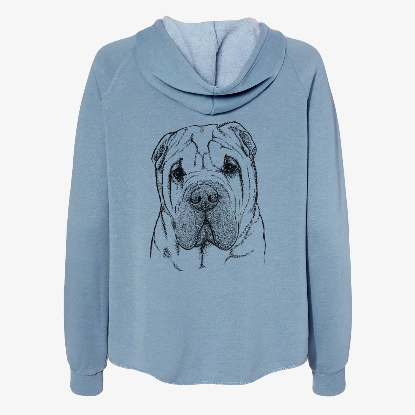 Hand-drawn sketch of Lilly the Shar Pei on a Misty Blue Women's cali wave zip-up sweatshirt