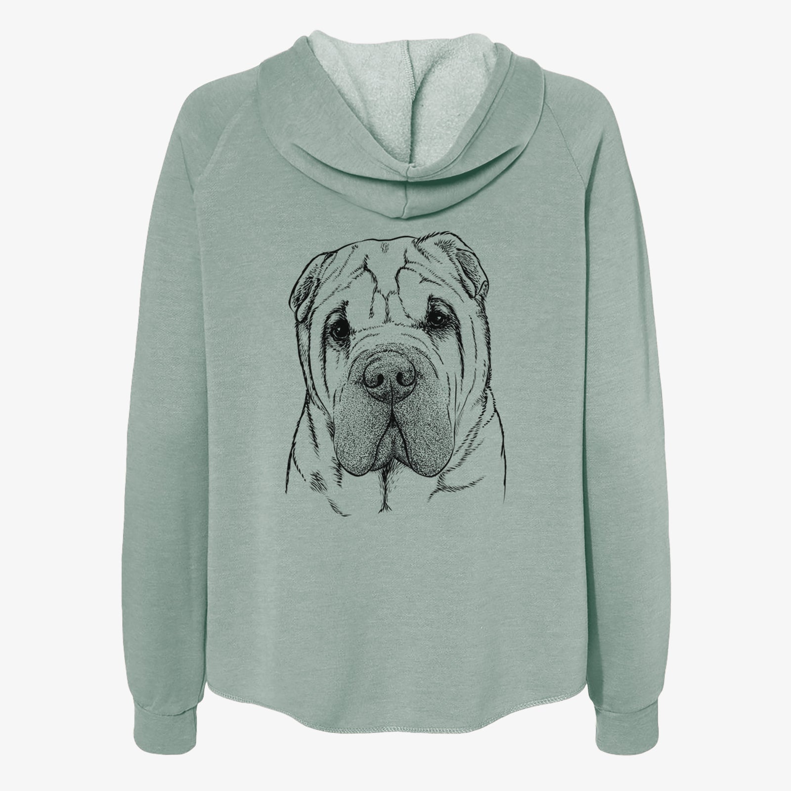 Hand-drawn sketch of Lilly the Shar Pei on a Sage Women's cali wave zip-up sweatshirt