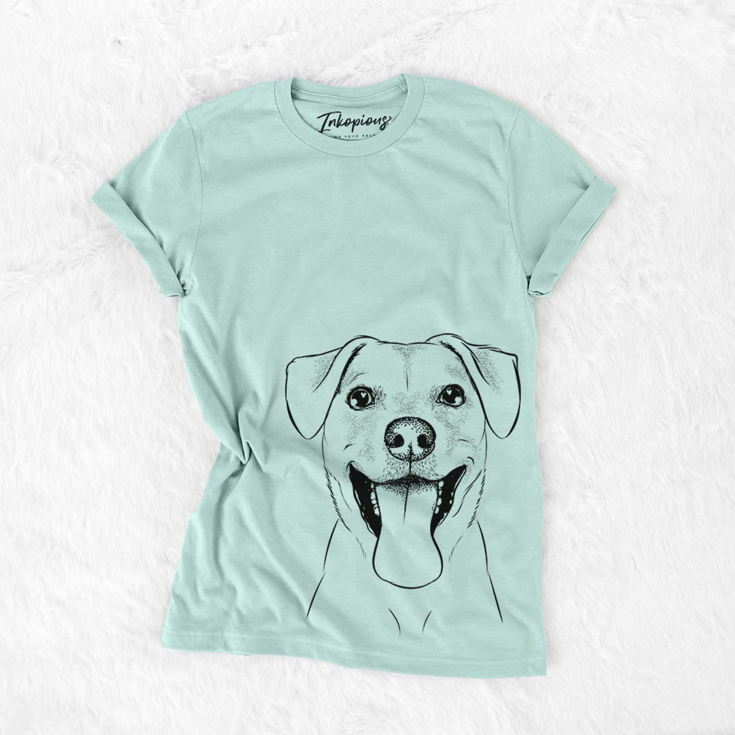 Hand-drawn sketch of Lily Estelle the Mixed Breed on a Heather Sage Bella Canvas Unisex Crewneck