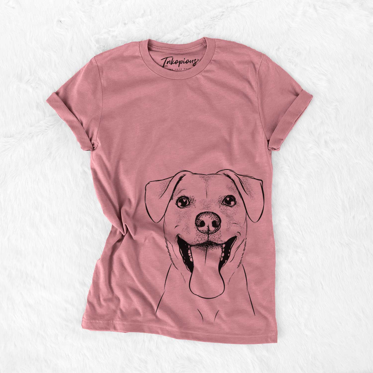 Hand-drawn sketch of Lily Estelle the Mixed Breed on a Mauve Bella Canvas Unisex Crewneck