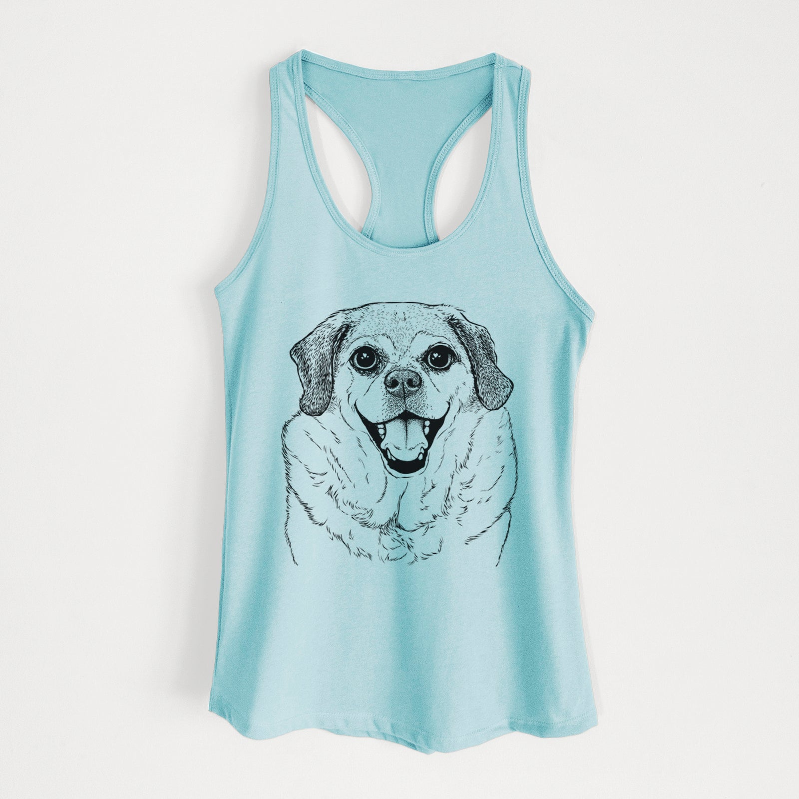 Hand-drawn sketch of Little Man the Puggle on a Cancun Blue Women's racerback tanktop