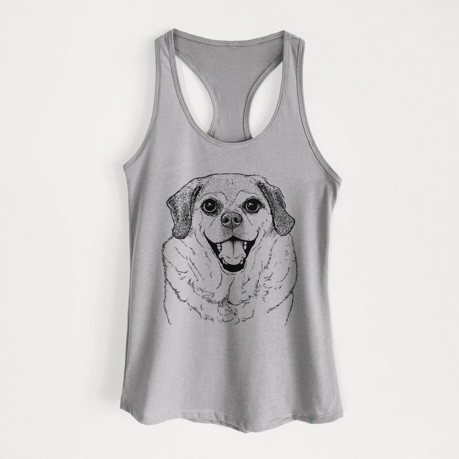 Hand-drawn sketch of Little Man the Puggle on a Heather Grey Women's racerback tanktop