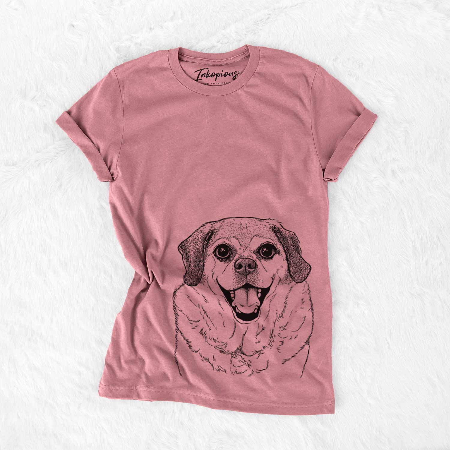Hand-drawn sketch of LIttle Man the Puggle on a Mauve Bella Canvas Unisex Crewneck