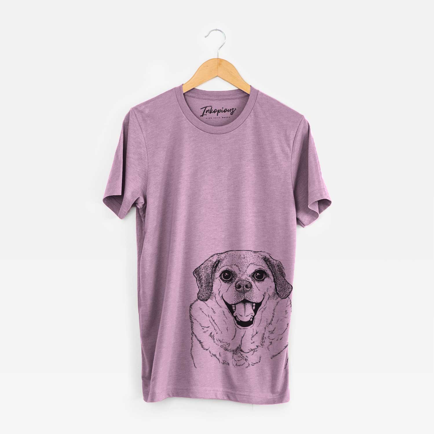 Hand-drawn sketch of LIttle Man the Puggle on an Orchid Bella Canvas Unisex Crewneck