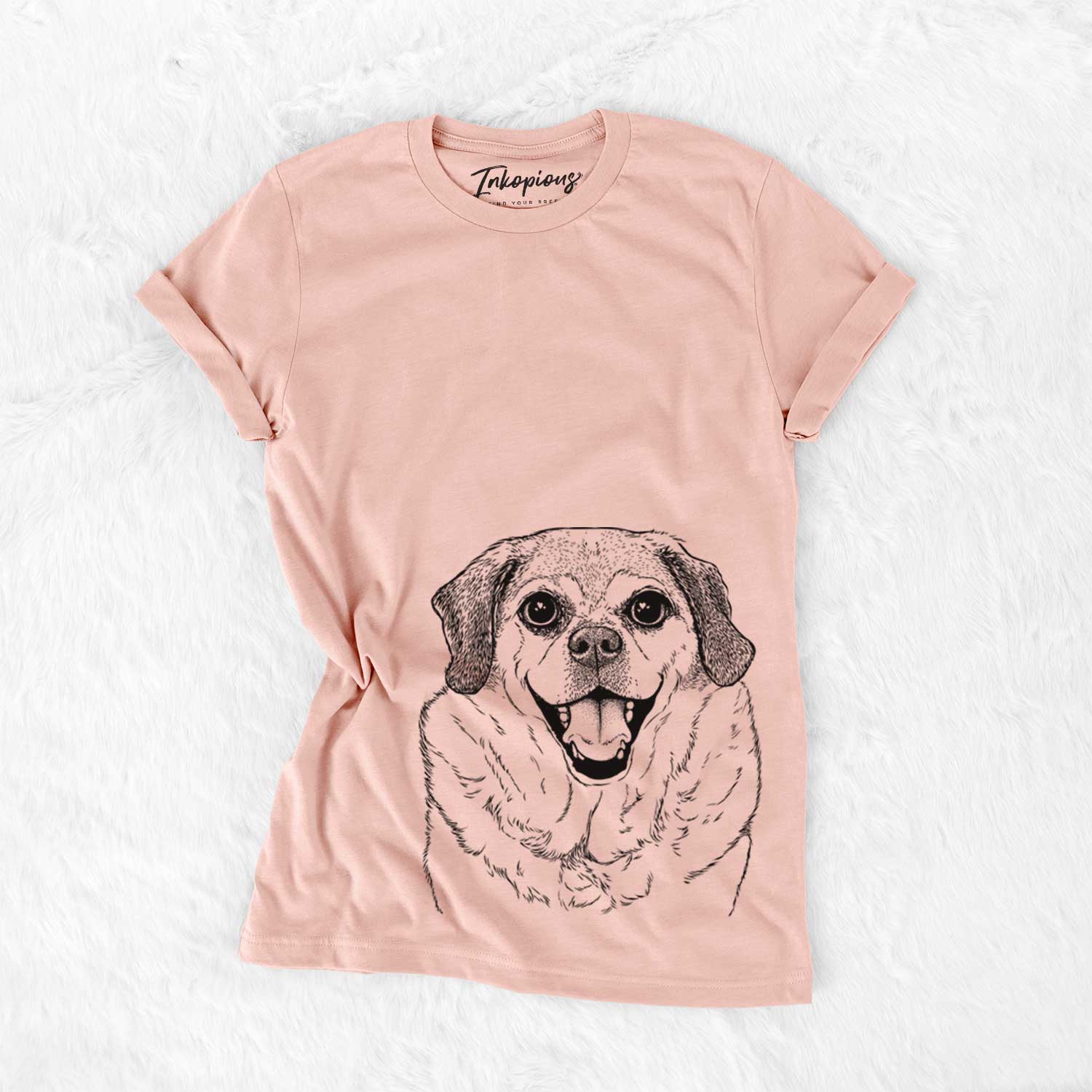 Hand-drawn sketch of LIttle Man the Puggle on a Peach Bella Canvas Unisex Crewneck
