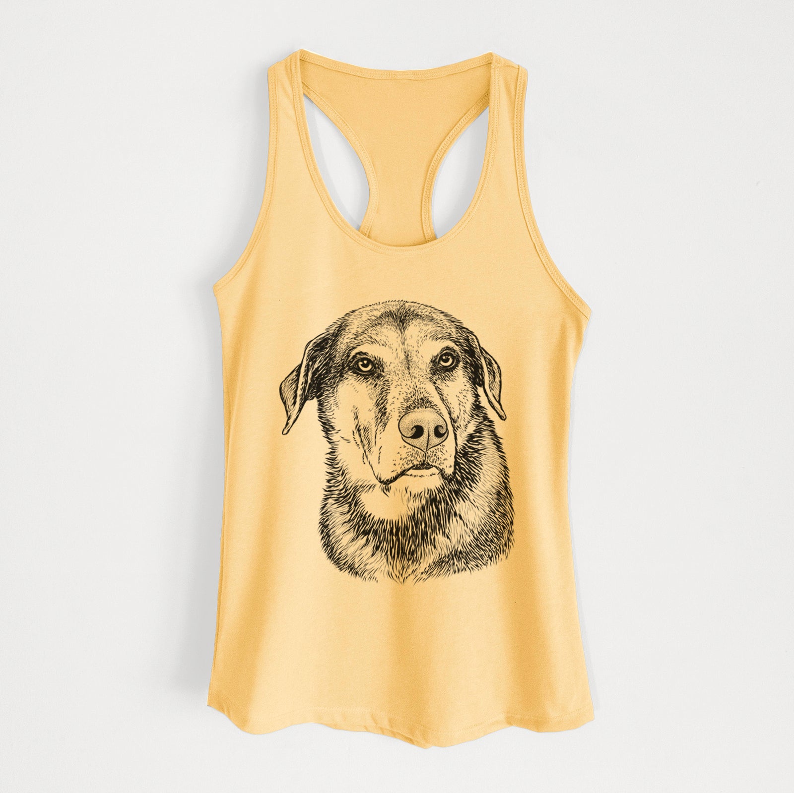 Hand-drawn sketch of Lobo the Shepherd Mix on a Banana Cream Women's racerback tanktop