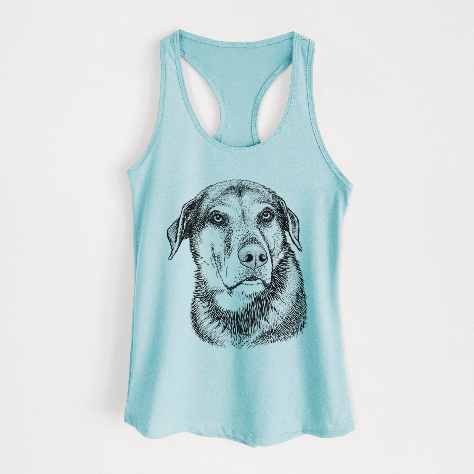 Hand-drawn sketch of Lobo the Shepherd Mix on a Cancun Blue Women's racerback tanktop