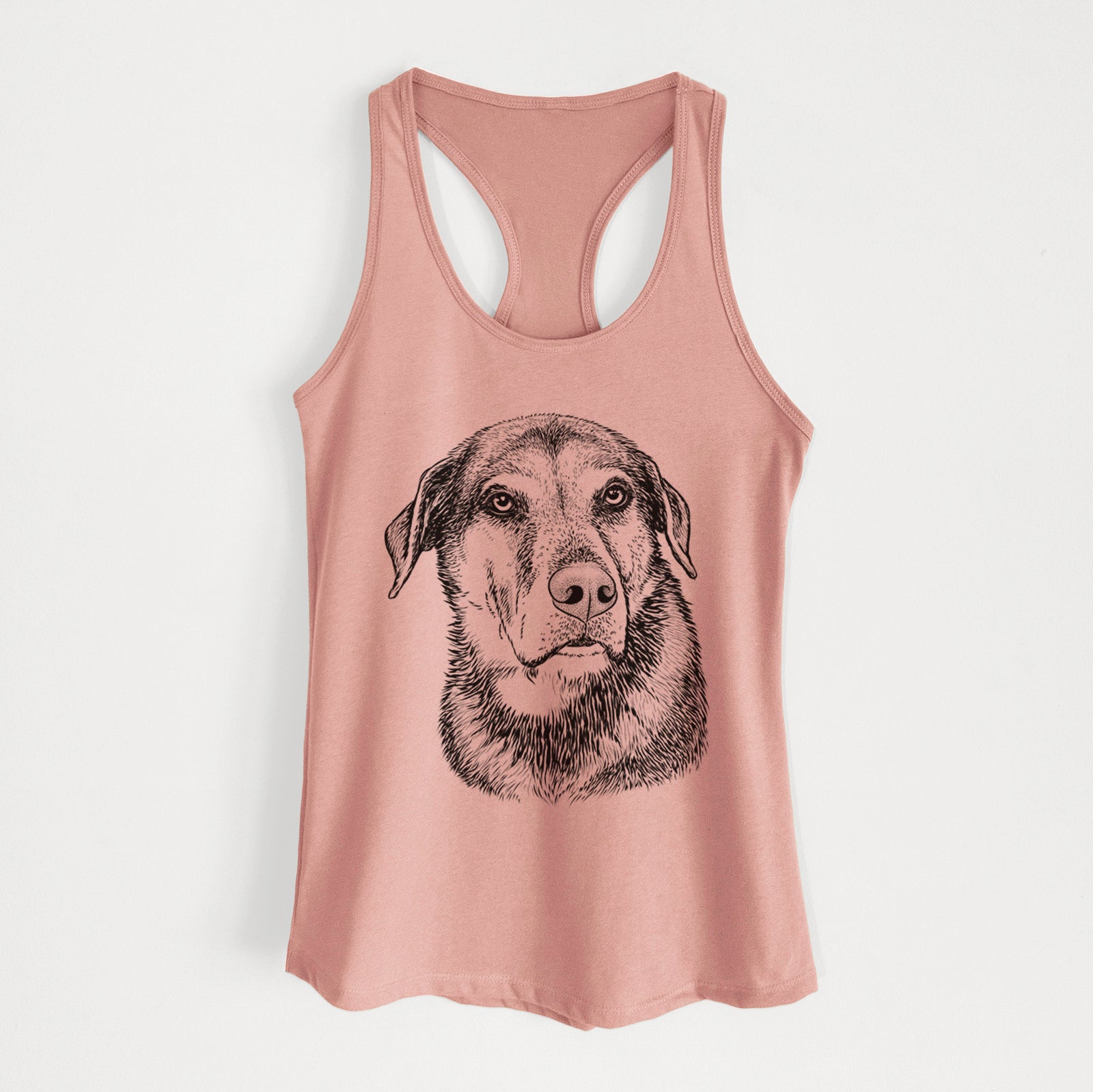 Hand-drawn sketch of Lobo the Shepherd Mix on a Desert Pink Women's racerback tanktop