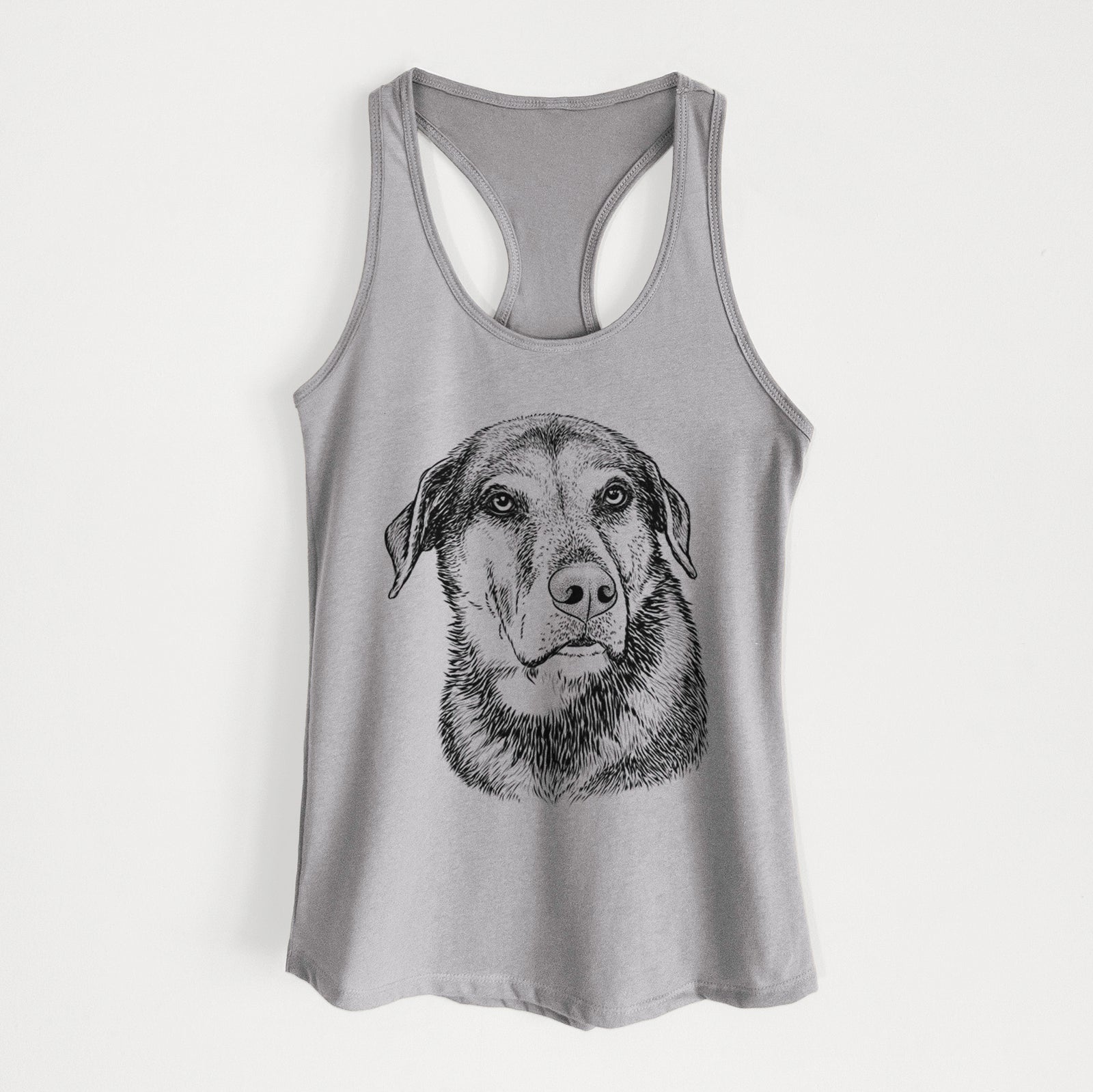 Hand-drawn sketch of Lobo the Shepherd Mix on a Heather Grey Women's racerback tanktop