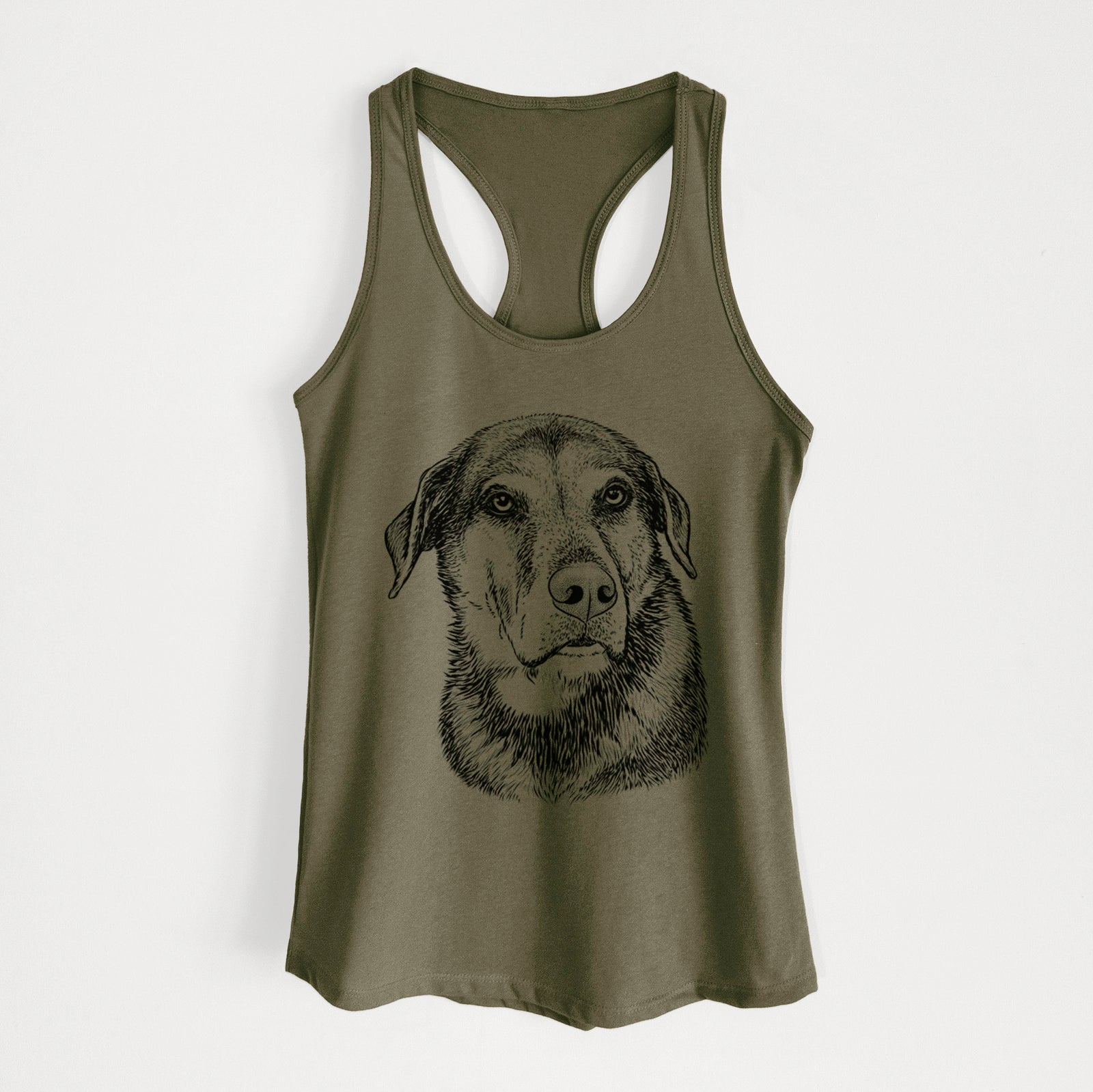 Hand-drawn sketch of Lobo the Shepherd Mix on a Military Green Women's racerback tanktop