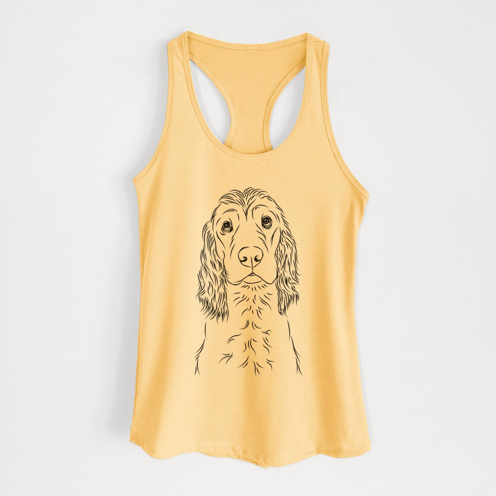 Hand-drawn sketch of Logan the Cocker Spaniel on a Banana Cream Women's racerback tanktop