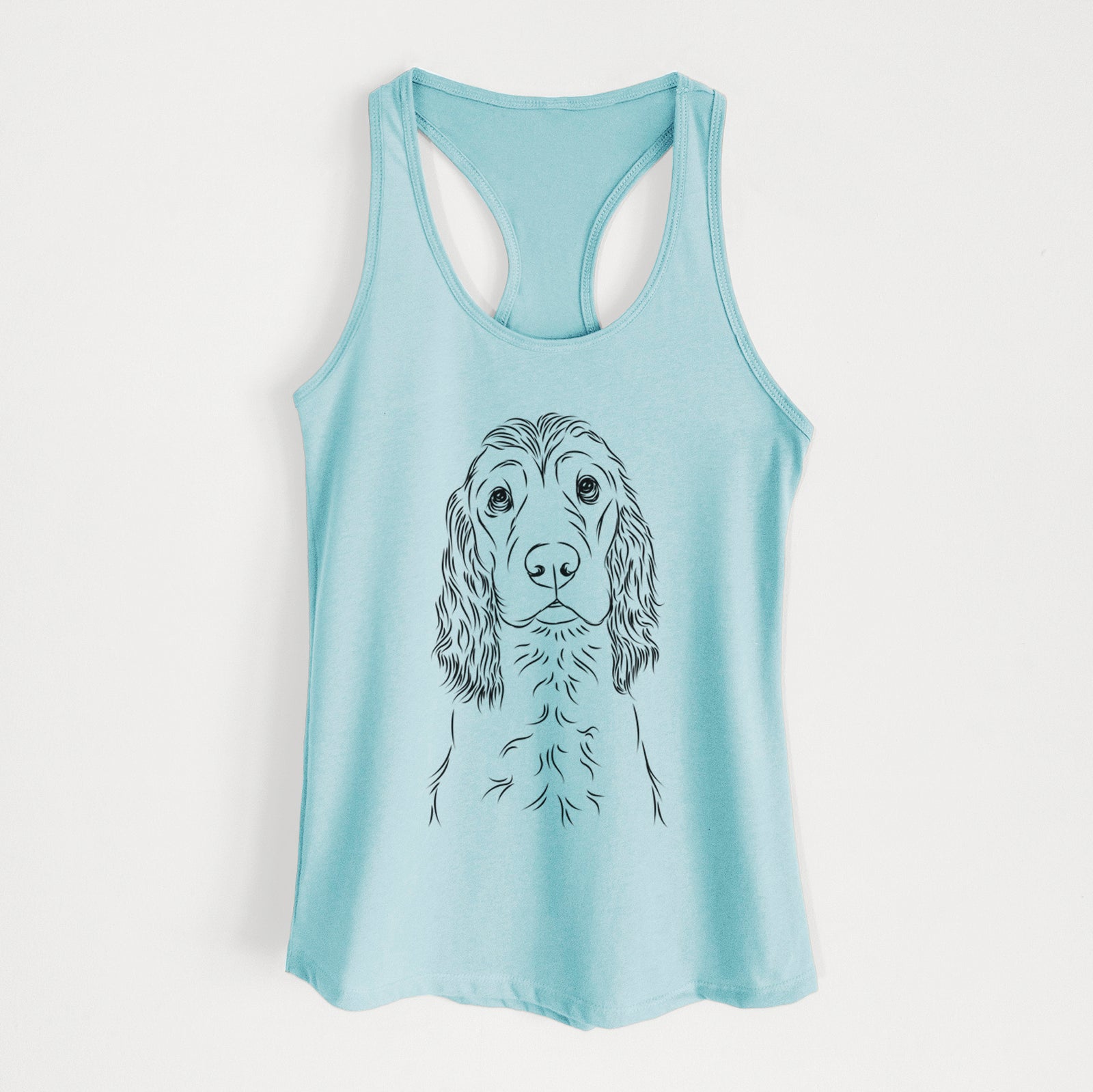 Hand-drawn sketch of Logan the Cocker Spaniel on a Cancun Blue Women's racerback tanktop
