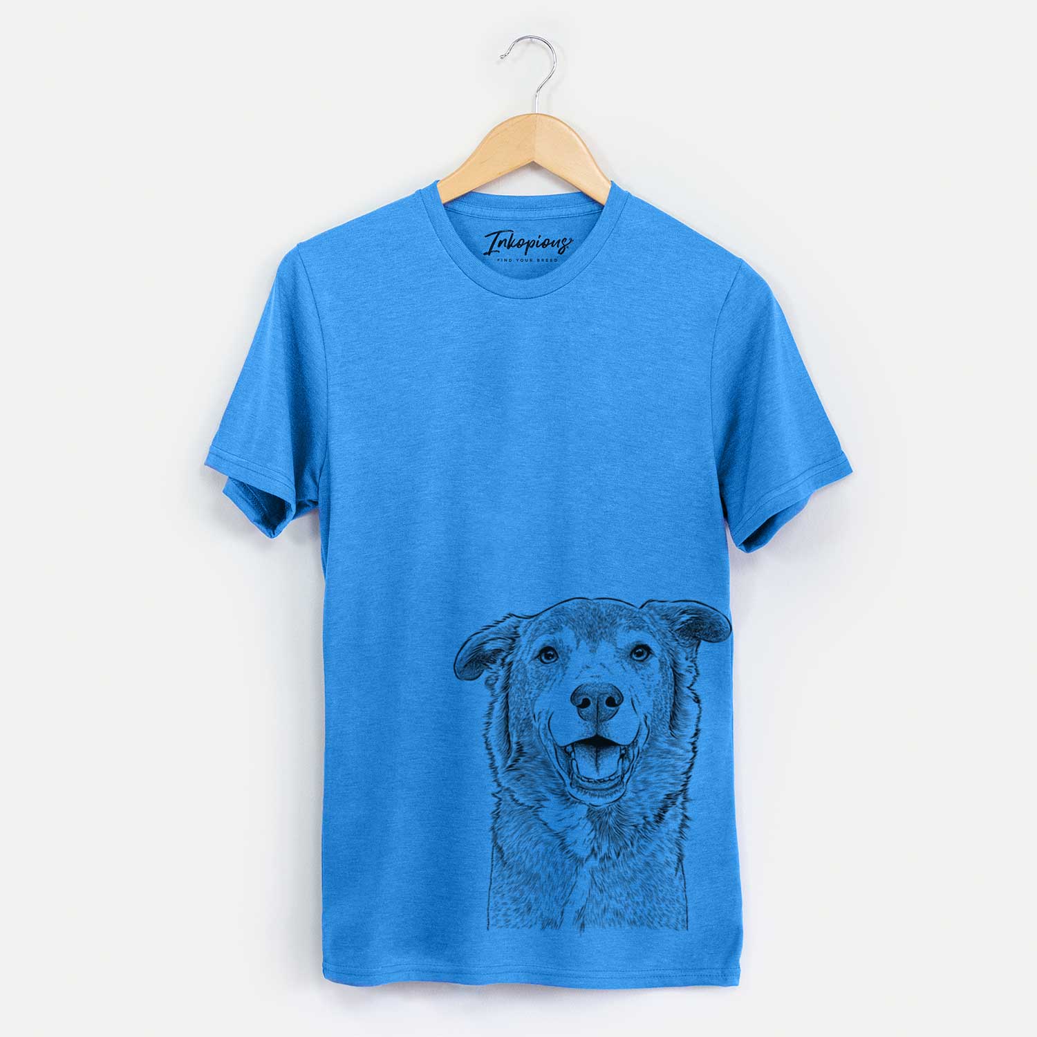 Hand-drawn sketch of Logan the Rescue Mutt on a Blue Unisex crewneck