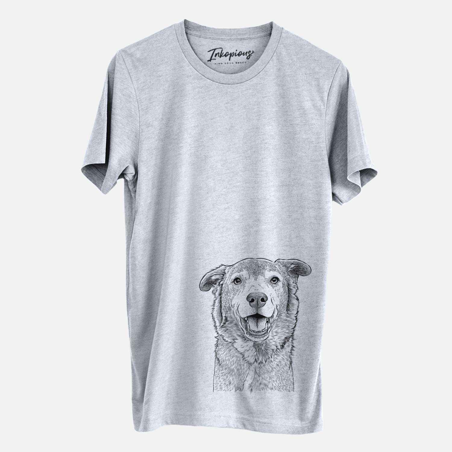 Hand-drawn sketch of Logan the Rescue Mutt on a Grey Unisex crewneck