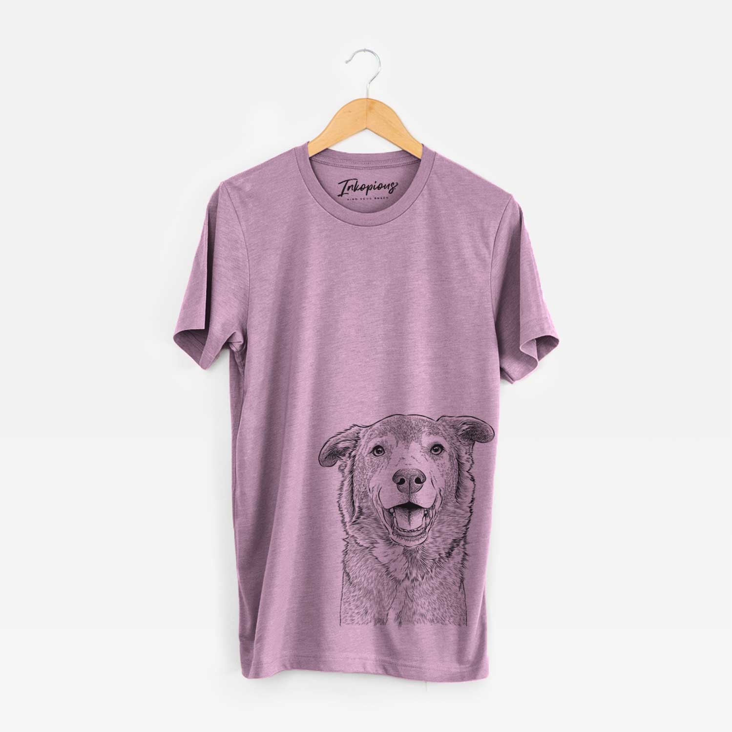 Hand-drawn sketch of Logan the Rescue Mutt on an Orchid Unisex crewneck