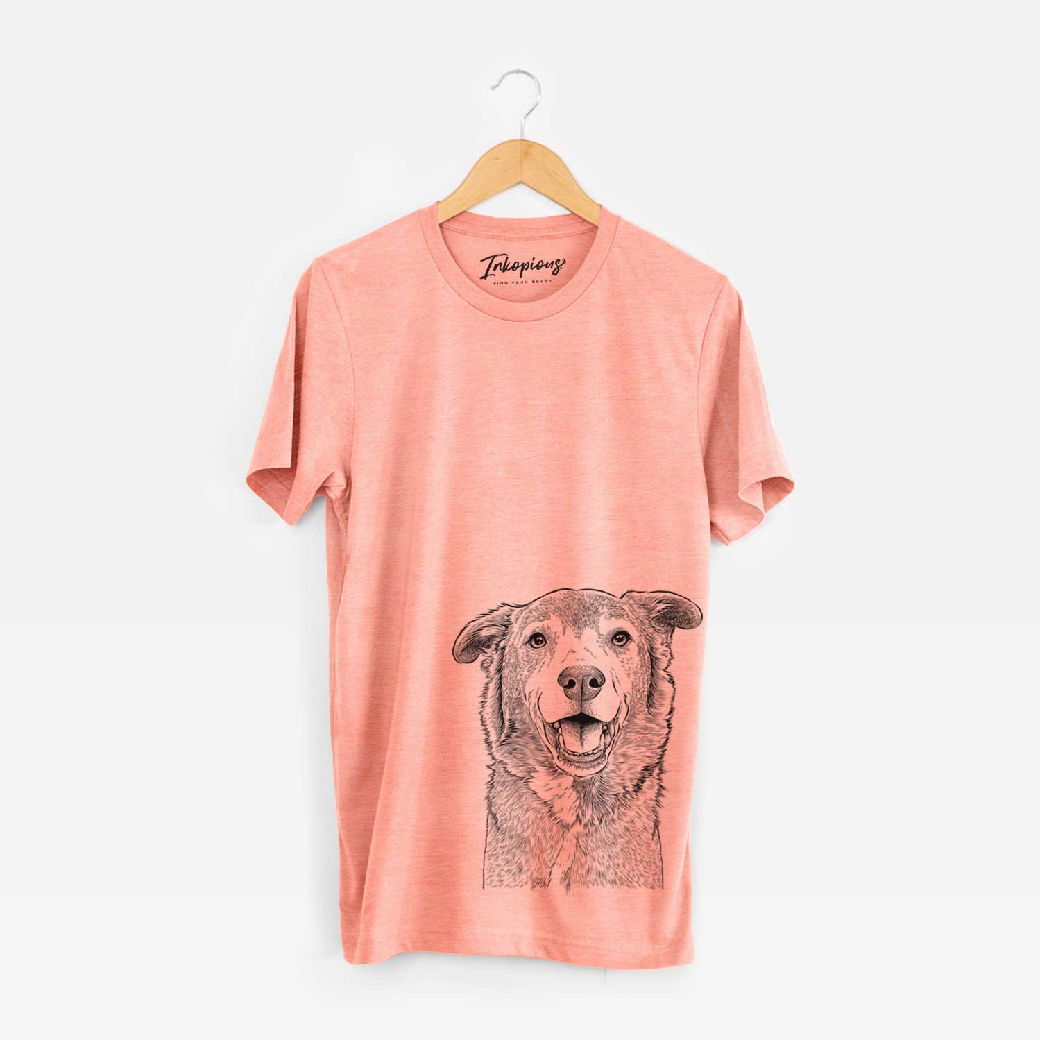 Hand-drawn sketch of Logan the Rescue Mutt on a Sunset Unisex crewneck