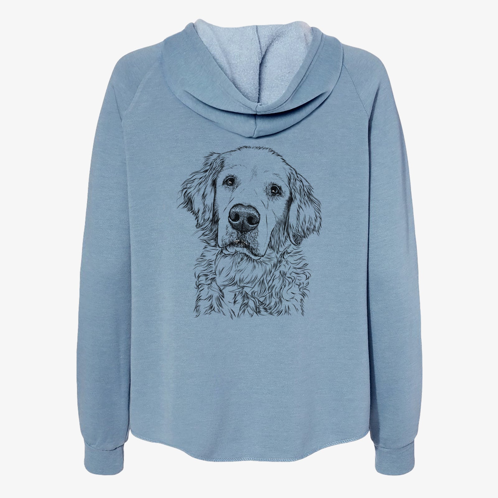 Hand-drawn sketch of Loganator the Golden Retriever on a Misty Blue Women's cali wave zip-up sweatshirt